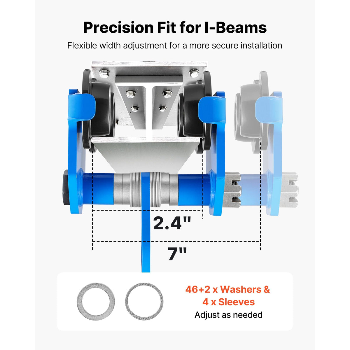 Manual Trolley, 4400 lbs/2 Ton Load Capacity, Push Beam Trolley with Dual Wheels, Adjustable for I-Beam Flange Width 2.4" to 7", Heavy Duty Carbon Steel Garage Hoist for Straight & Curved I Beam