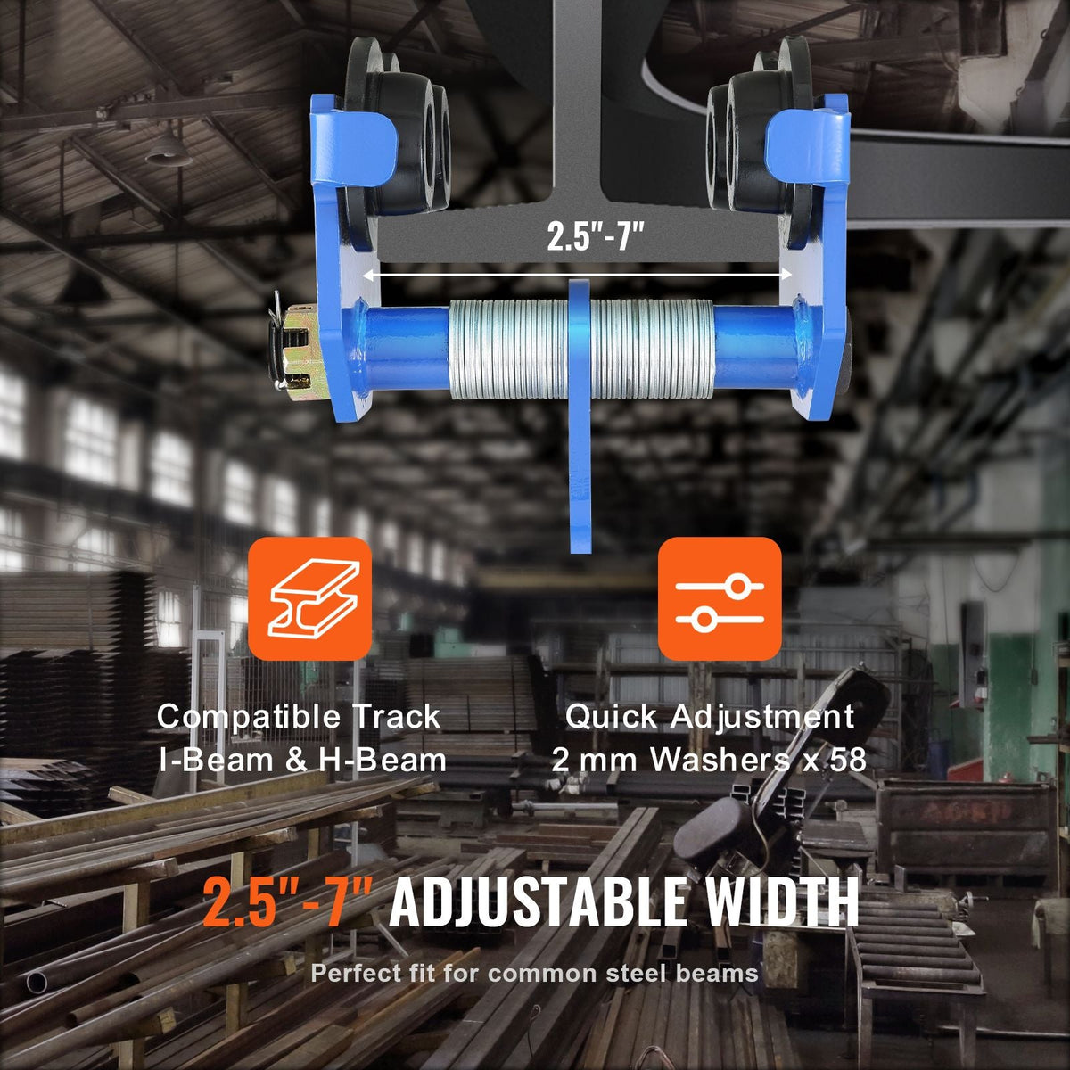 Manual Trolley, 6600 lbs/3 Ton Load Capacity, Push Beam Trolley with Dual Wheels, Adjustable for I-Beam Flange Width 2.5" to 7", Heavy Duty Alloy Steel Garage Hoist for Straight Curved I Beam