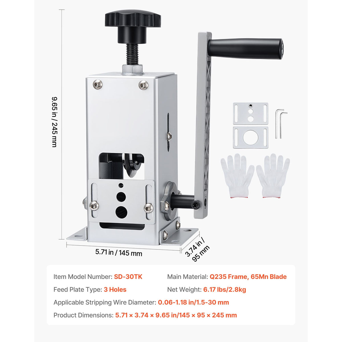 Manual Wire Stripper Machine, 0.06-1.18 in, Copper Cable Stripper Tool, Hand Crank or Drill Powered Modes, Heavy-Duty Q235 Frame Wire Stripping Machine, Easy to Use, for Scrap Copper Recycling