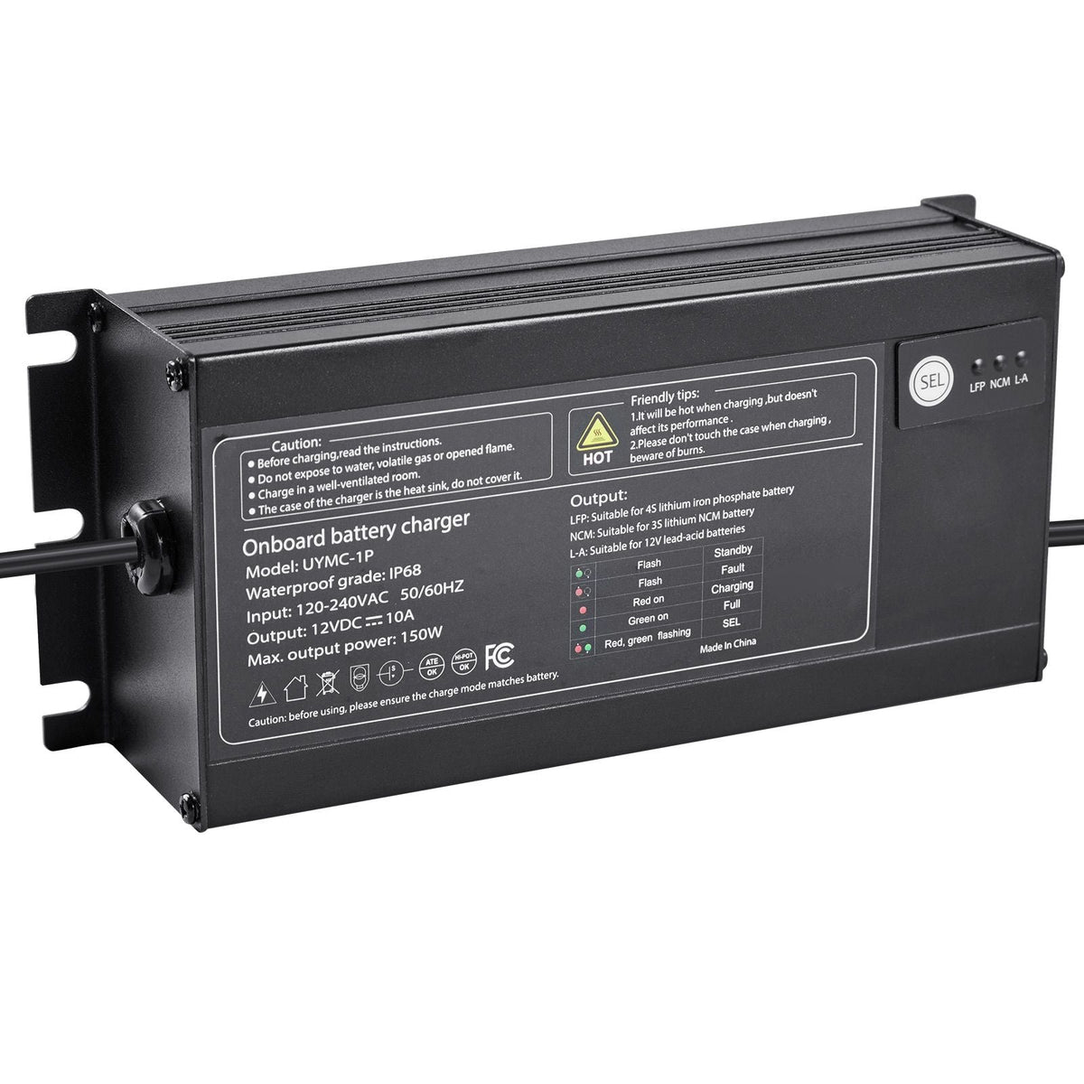 Marine Battery Charger, 1-Bank, 10A 12V Onboard Boat Charger, IP68 Waterproof Smart On-Board Battery Charger, for Lithium-Ion (LiFePO4), NCM, Lead-Acid Batteries, Large Boat, Yacht, RV, Trailer