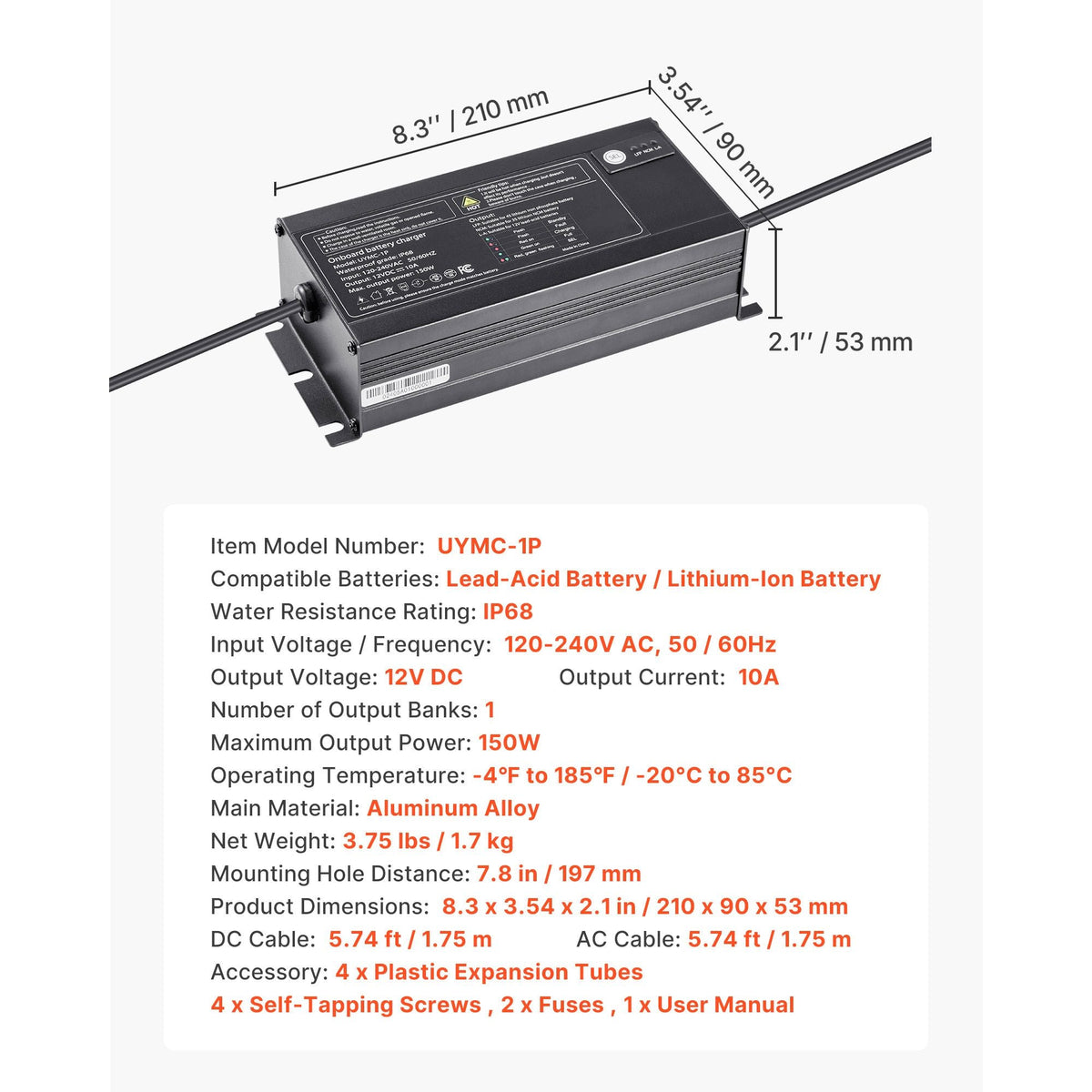 Marine Battery Charger, 1-Bank, 10A 12V Onboard Boat Charger, IP68 Waterproof Smart On-Board Battery Charger, for Lithium-Ion (LiFePO4), NCM, Lead-Acid Batteries, Large Boat, Yacht, RV, Trailer