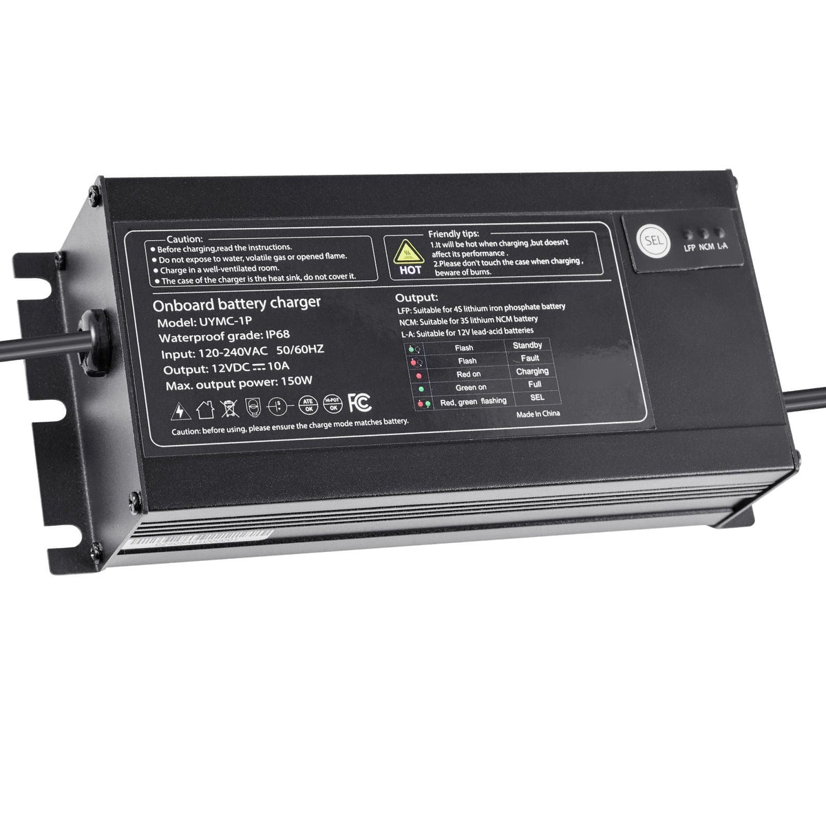 Marine Battery Charger, 1-Bank, 10A 12V Onboard Boat Charger, IP68 Waterproof Smart On-Board Battery Charger, for Lithium-Ion (LiFePO4), NCM, Lead-Acid Batteries, Large Boat, Yacht, RV, Trailer