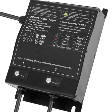 Marine Battery Charger, 2-Bank, 10A 12V Onboard Boat Charger, IP68 Waterproof Smart On-Board Battery Charger, for Lithium-Ion (LiFePO4), NCM, Lead-Acid Batteries, Large Boat, Yacht, RV, Trailer