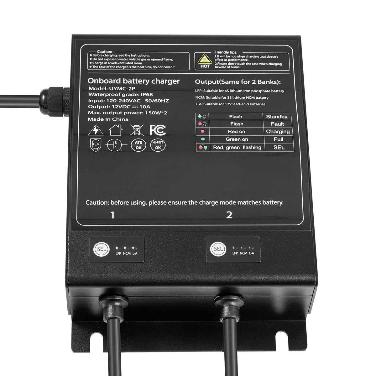Marine Battery Charger, 2-Bank, 10A 12V Onboard Boat Charger, IP68 Waterproof Smart On-Board Battery Charger, for Lithium-Ion (LiFePO4), NCM, Lead-Acid Batteries, Large Boat, Yacht, RV, Trailer