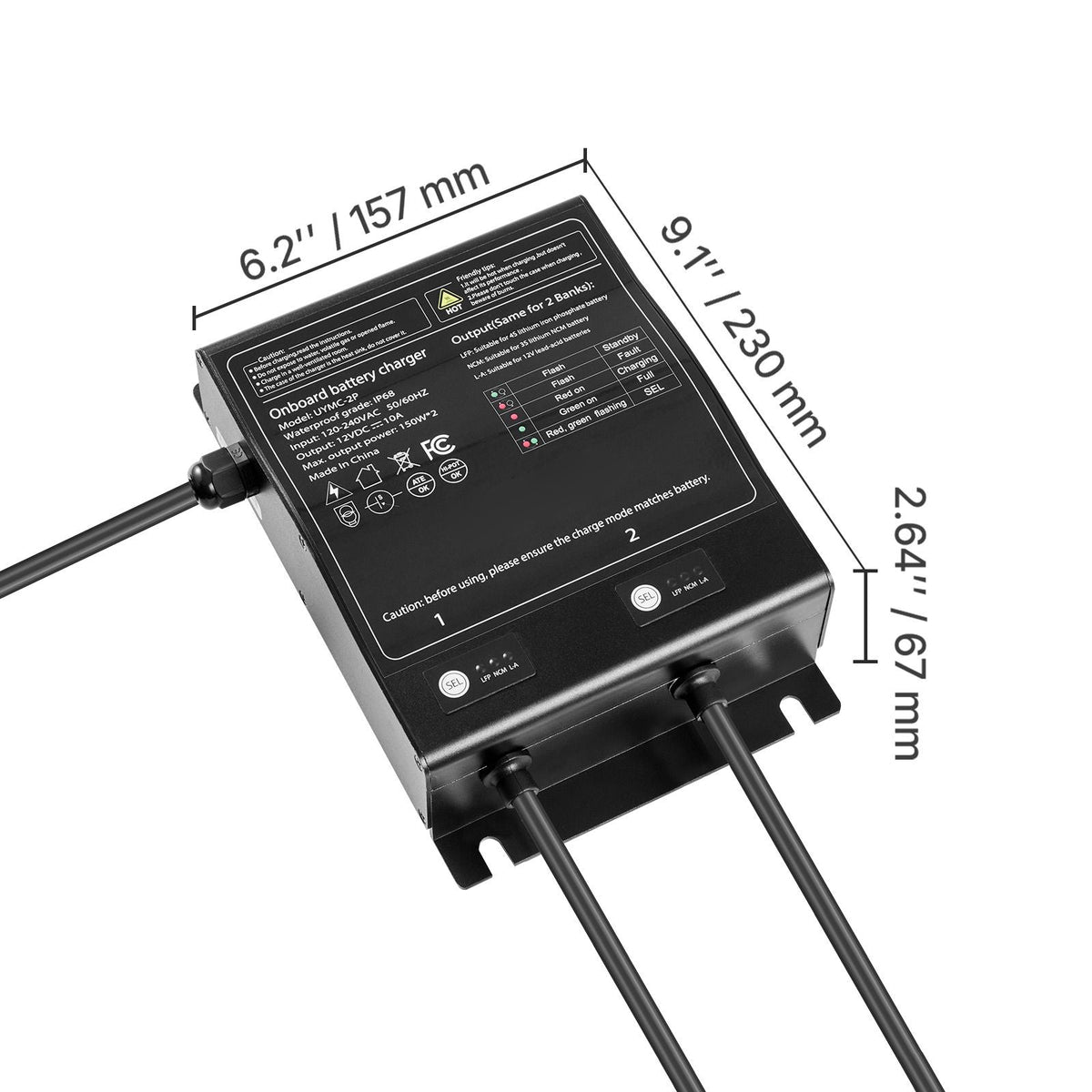Marine Battery Charger, 2-Bank, 10A 12V Onboard Boat Charger, IP68 Waterproof Smart On-Board Battery Charger, for Lithium-Ion (LiFePO4), NCM, Lead-Acid Batteries, Large Boat, Yacht, RV, Trailer
