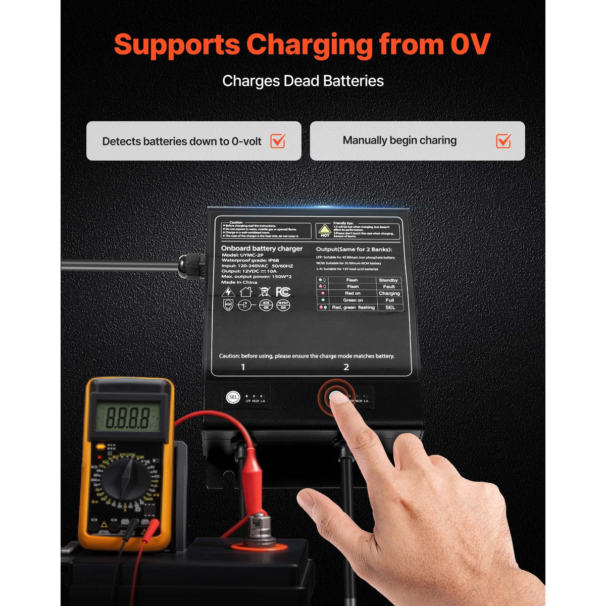 Marine Battery Charger, 2-Bank, 10A 12V Onboard Boat Charger, IP68 Waterproof Smart On-Board Battery Charger, for Lithium-Ion (LiFePO4), NCM, Lead-Acid Batteries, Large Boat, Yacht, RV, Trailer