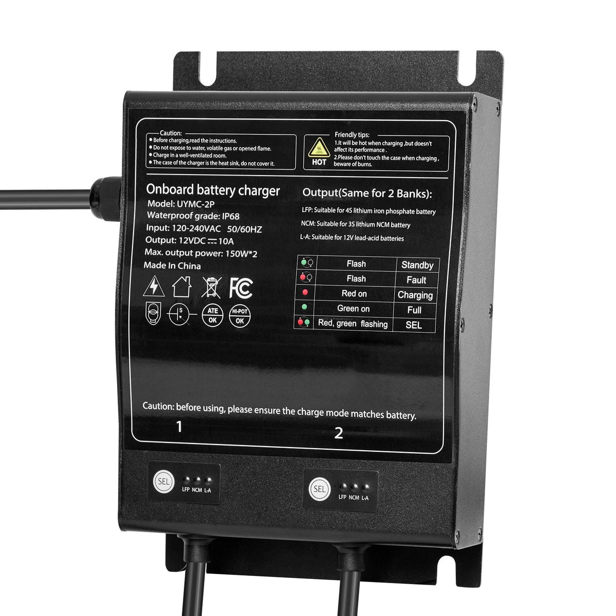 Marine Battery Charger, 2-Bank, 10A 12V Onboard Boat Charger, IP68 Waterproof Smart On-Board Battery Charger, for Lithium-Ion (LiFePO4), NCM, Lead-Acid Batteries, Large Boat, Yacht, RV, Trailer