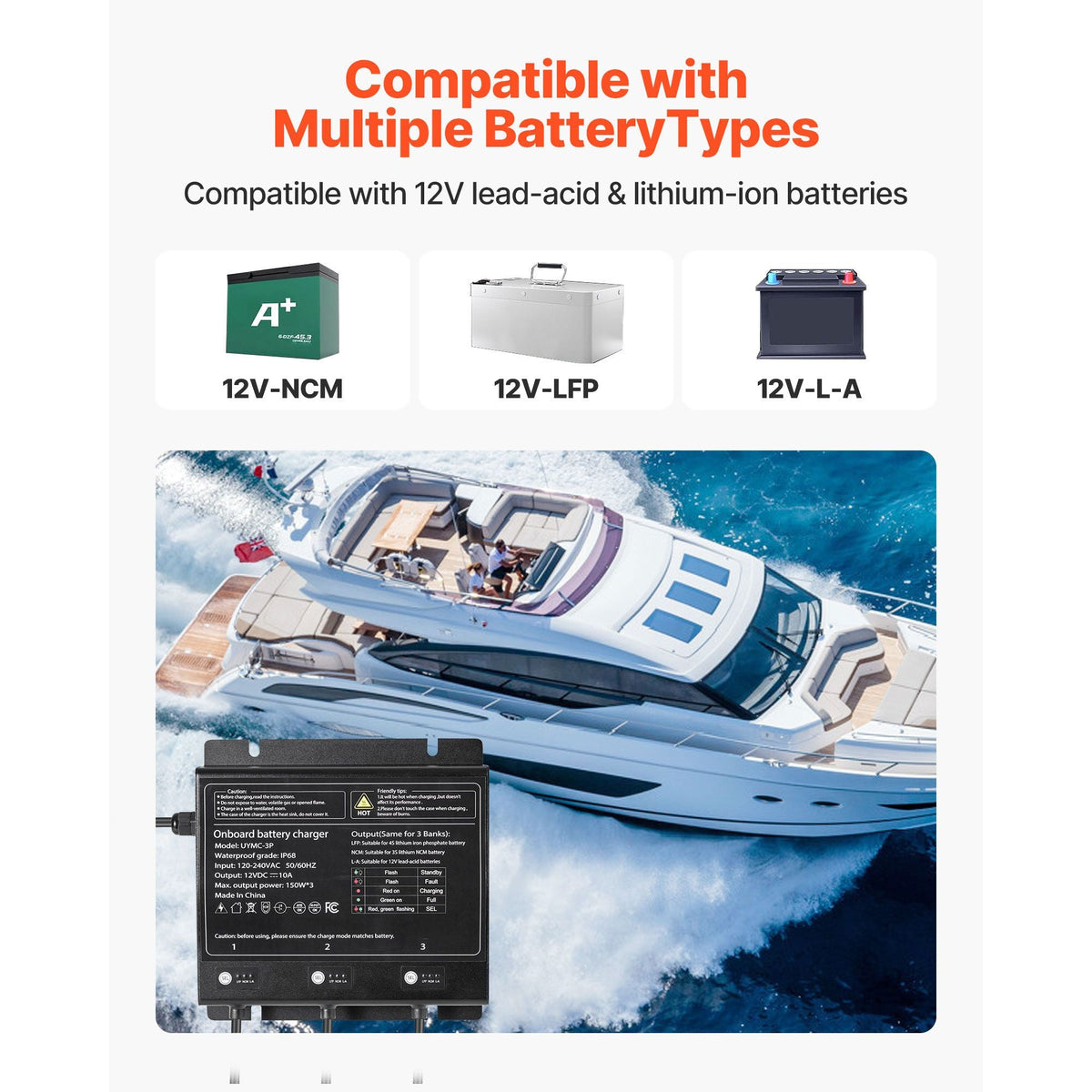 Marine Battery Charger, 3-Bank, 10A 12V Onboard Boat Charger, IP68 Waterproof Smart On-Board Battery Charger, for Lithium-Ion (LiFePO4), NCM, Lead-Acid Batteries, Large Boat, Yacht, RV, Trailer