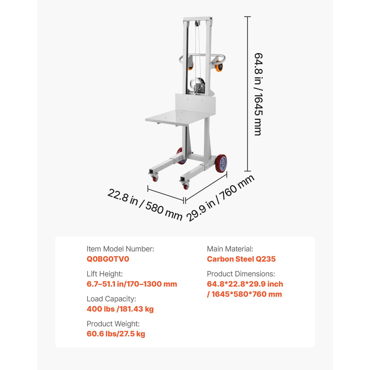 Material Lift Winch Stacker, 400 lbs Capacity Pallet Truck Dolly, 51.1 in Max Lifting Height Manual Winch Stacker, Multifunctional Manual Pallet Truck Stacker with Wheels and Adjustable Plate