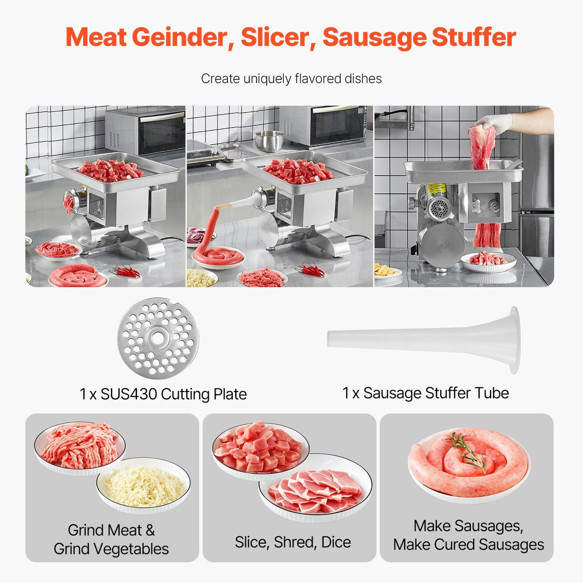 Meat Grinder, 11 Lbs/Min Electric Meat Grinder, Slicer, Sausage Stuffer with Blade, Grinding Plate, Sausage Maker, Stainless Steel Commercial Meat Mincer for Slice Shred Dice, Restaurant Butcher