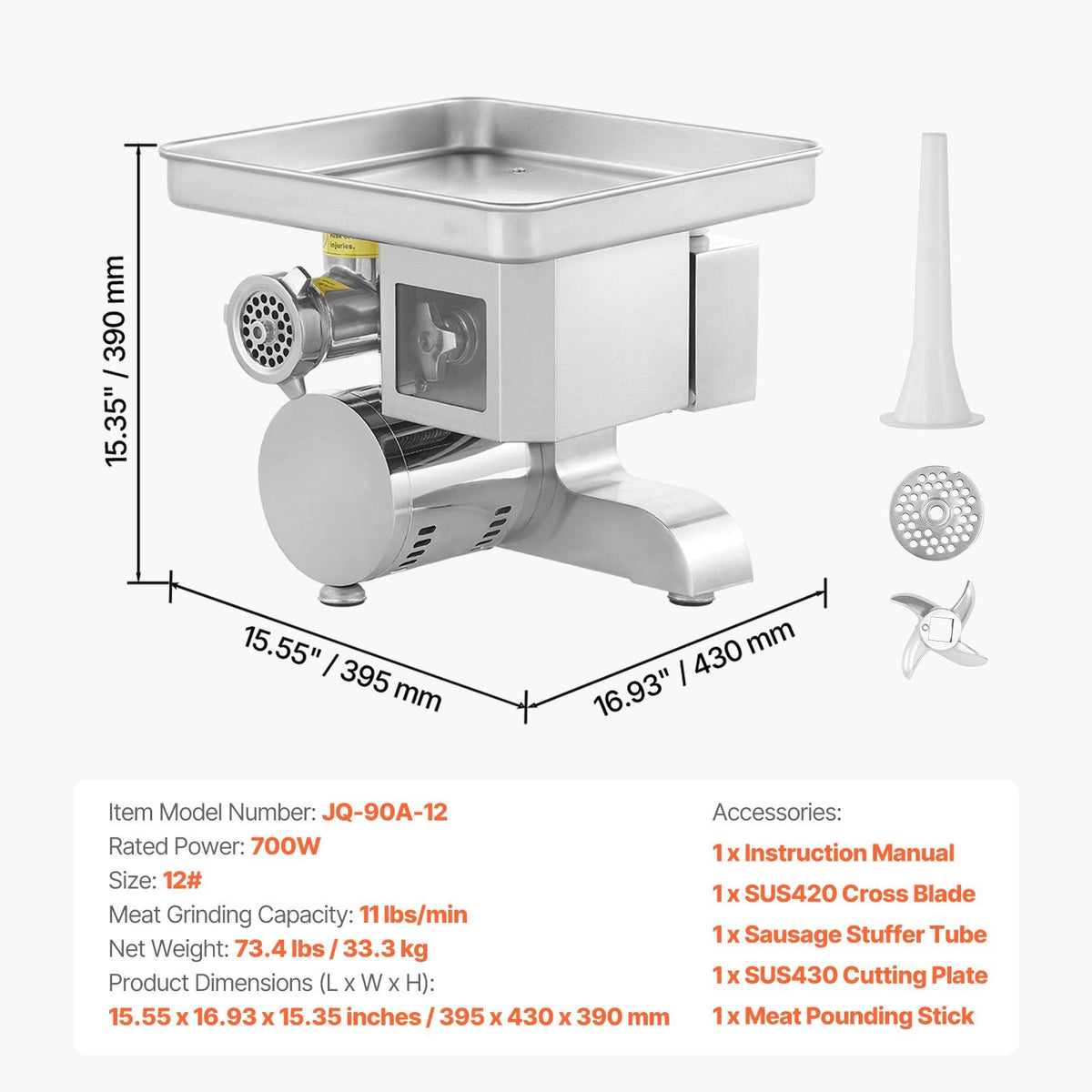 Meat Grinder, 11 Lbs/Min Electric Meat Grinder, Slicer, Sausage Stuffer with Blade, Grinding Plate, Sausage Maker, Stainless Steel Commercial Meat Mincer for Slice Shred Dice, Restaurant Butcher