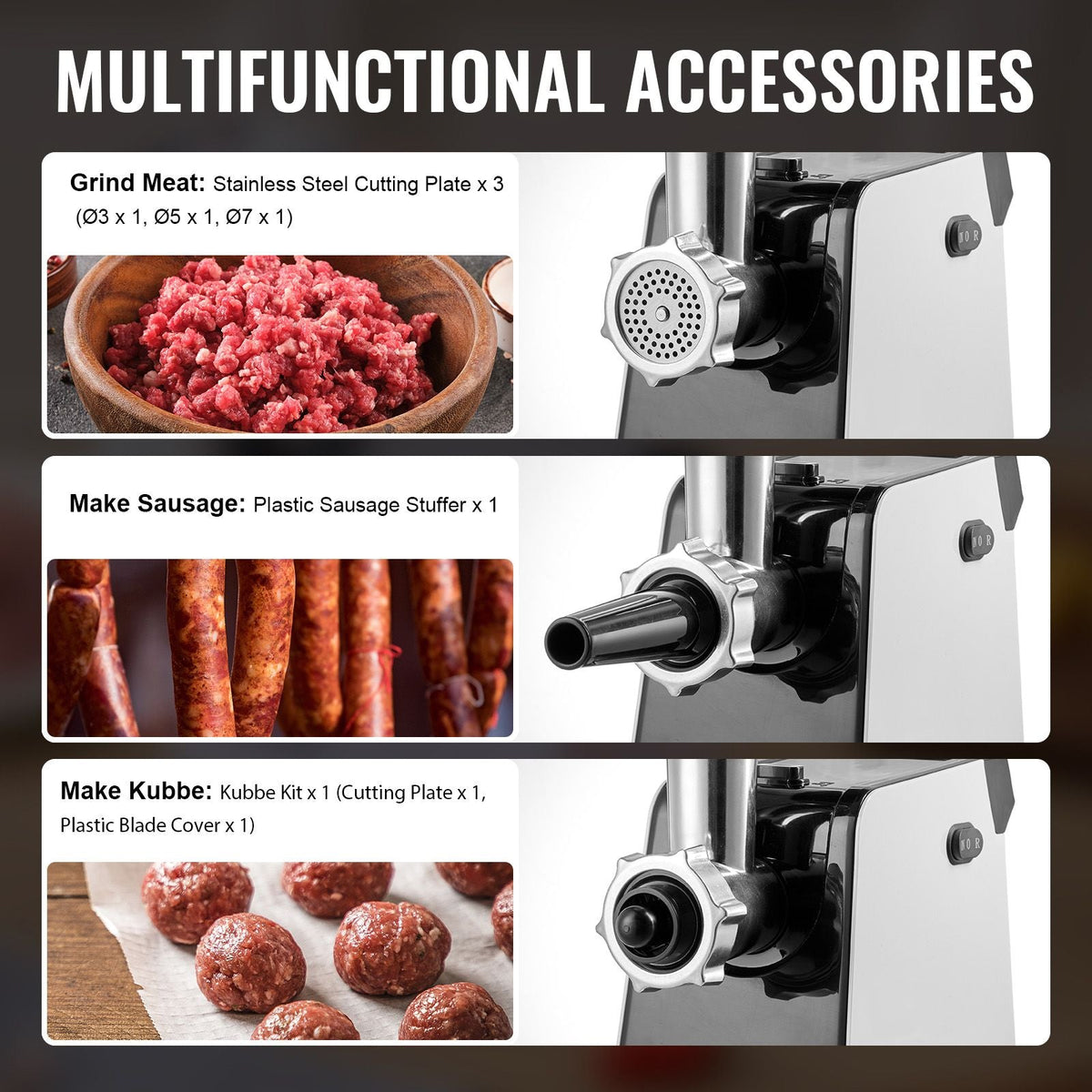 Meat Grinder, 3 Lbs/Min Capacity Electric Meat Grinders with Blade, Grinding Plate, Sausage Maker, Kubbe Kit, Stainless Steel Meat Mincer for Home Kitchen