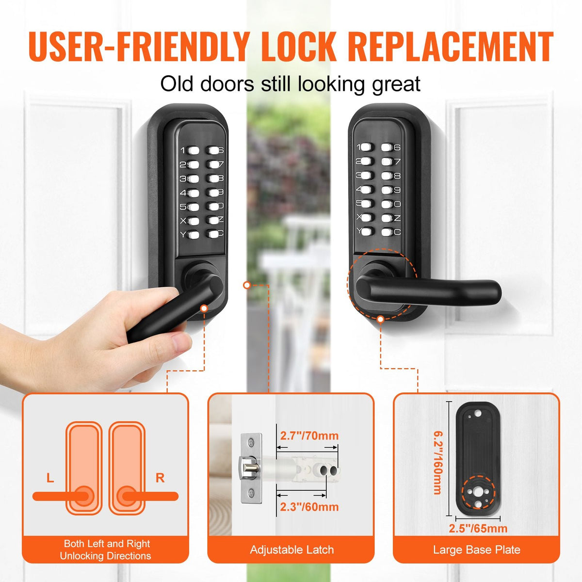 Mechanical Keyless Entry Door Lock, 14 Digit Keypad, Double-sided Embedded Outdoor Gate Door Locks Set with Handle and Keypad, Water-proof Zinc Alloy, Easy to Install, for Yard, Garden, Garage