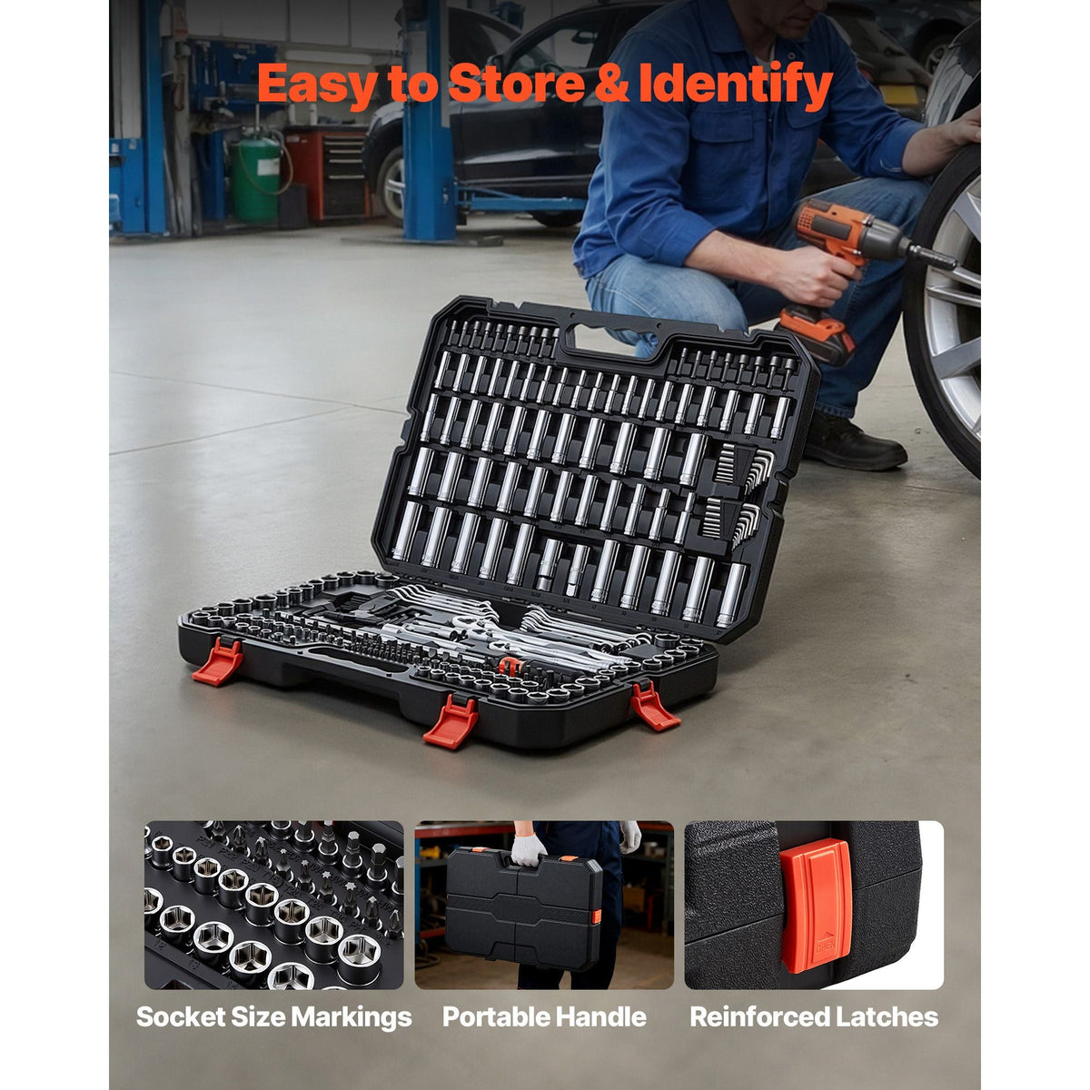 Mechanics Tool Set, 253-Piece Mechanic Tool Kit, 1/4 in, 3/8 in, and 1/2 in Drive, SAE and Metric Socket Set, Wrenches, Screwdriver Bits, Accessories, and Storage Case, for Automotive Repair