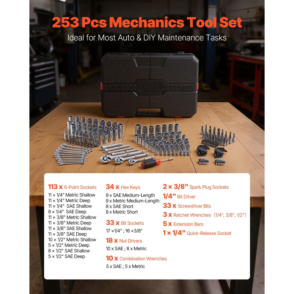 Mechanics Tool Set, 253-Piece Mechanic Tool Kit, 1/4 in, 3/8 in, and 1/2 in Drive, SAE and Metric Socket Set, Wrenches, Screwdriver Bits, Accessories, and Storage Case, for Automotive Repair