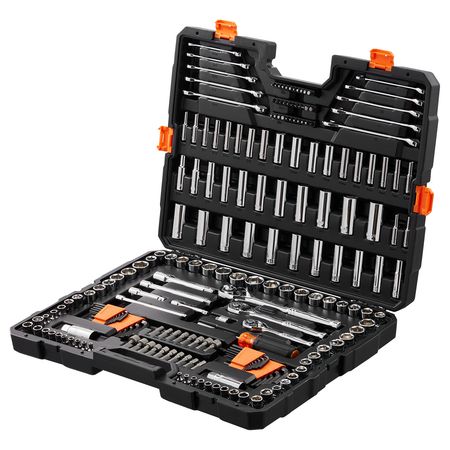 Mechanics Tool Set and Socket Set, 1/4" 3/8" 1/2" Drive Deep and Standard Sockets, 205 Pcs SAE and Metric Mechanic Tool Kit with Bits, Combination Wrench, Hex Wrenches, Accessories, Storage Case