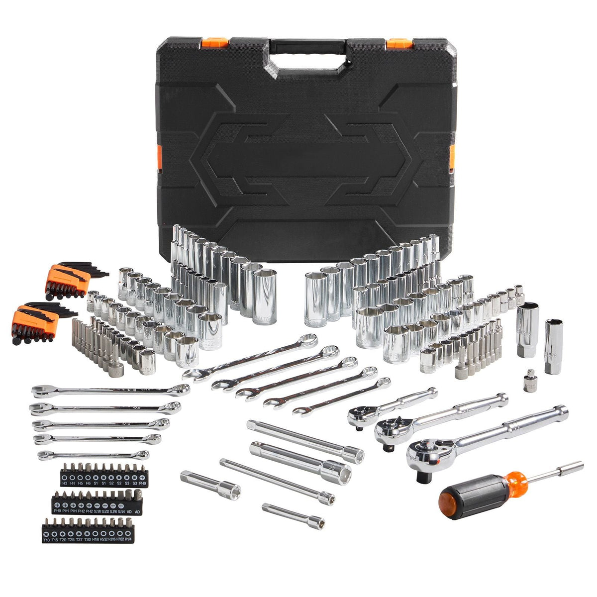 Mechanics Tool Set and Socket Set, 1/4" 3/8" 1/2" Drive Deep and Standard Sockets, 205 Pcs SAE and Metric Mechanic Tool Kit with Bits, Combination Wrench, Hex Wrenches, Accessories, Storage Case