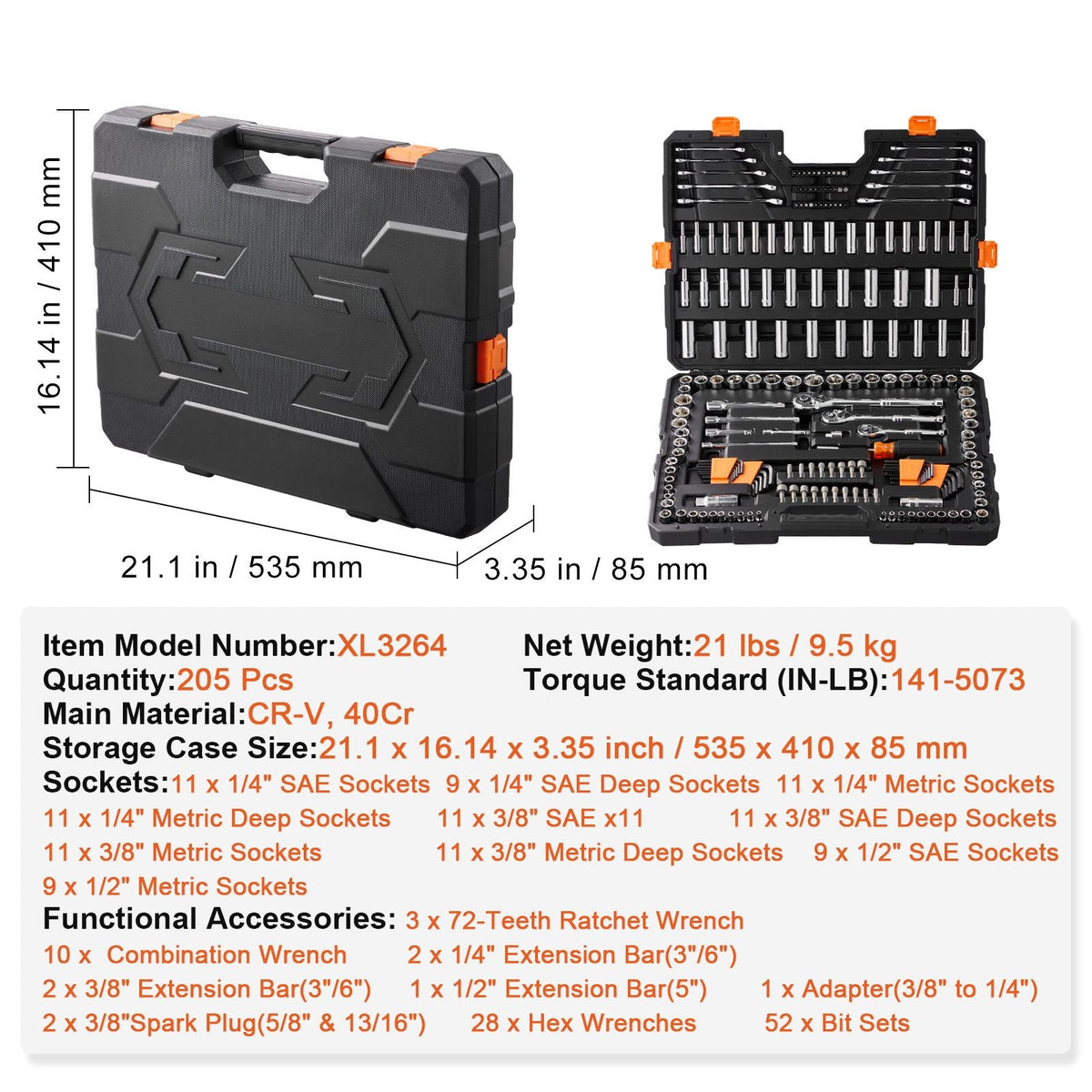 Mechanics Tool Set and Socket Set, 1/4" 3/8" 1/2" Drive Deep and Standard Sockets, 205 Pcs SAE and Metric Mechanic Tool Kit with Bits, Combination Wrench, Hex Wrenches, Accessories, Storage Case