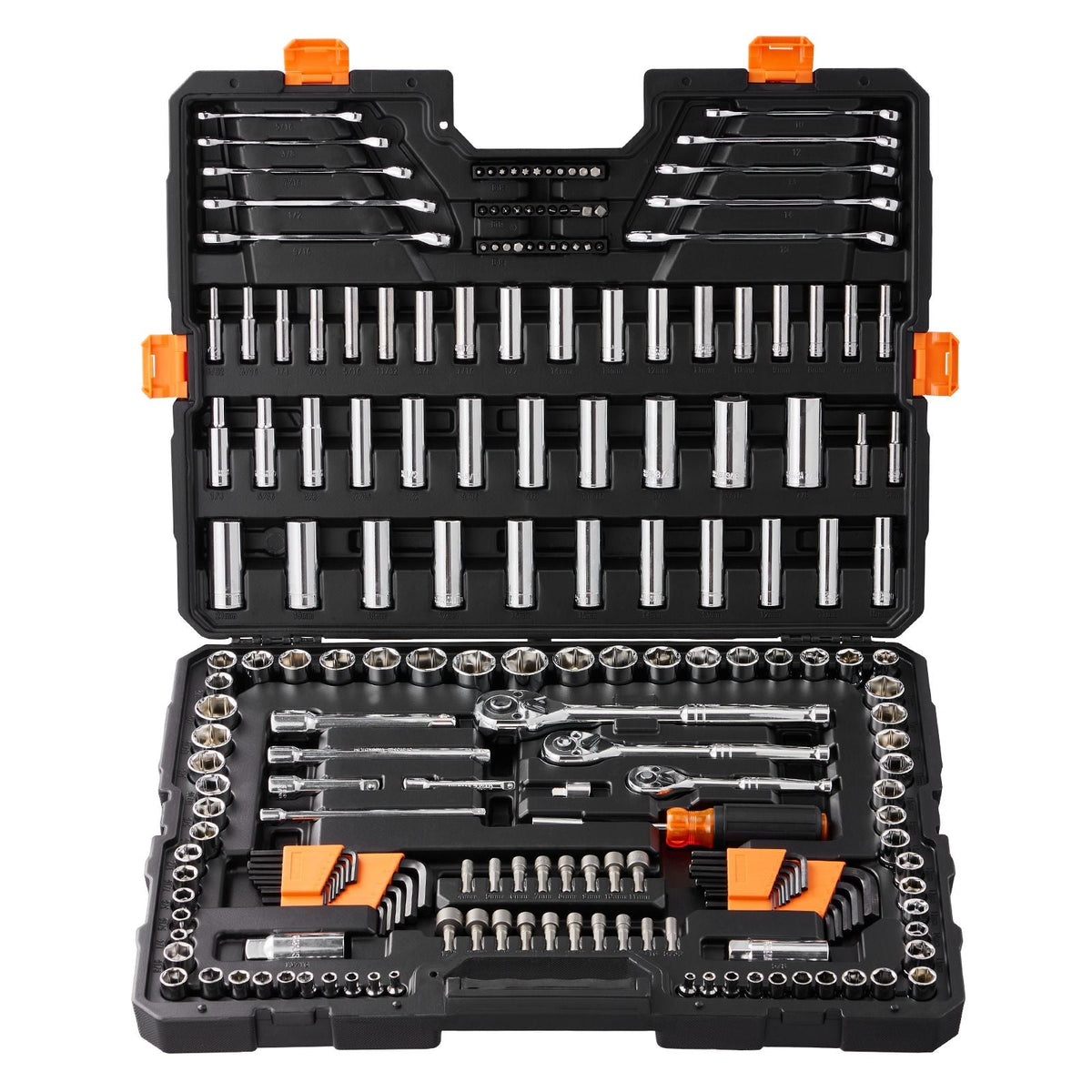 Mechanics Tool Set and Socket Set, 1/4" 3/8" 1/2" Drive Deep and Standard Sockets, 205 Pcs SAE and Metric Mechanic Tool Kit with Bits, Combination Wrench, Hex Wrenches, Accessories, Storage Case