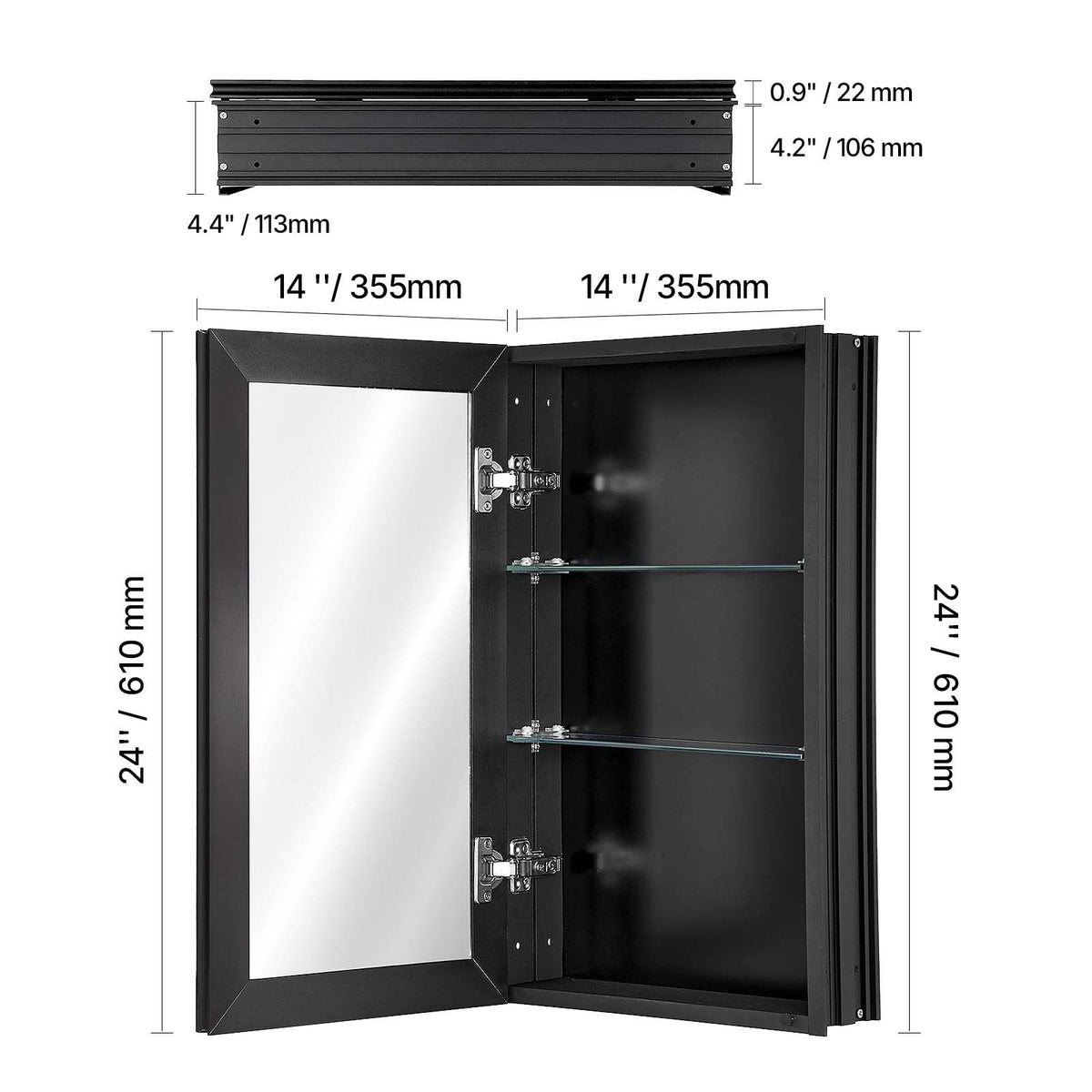 Medicine Cabinet, 14 x 24 inches, Medicine Cabinet for Bathroom with Mirror, Aluminum Frame Bathroom Wall Cabinet, 2-layer Adjustable Shelves, Recessed & Wall-mounted Installation
