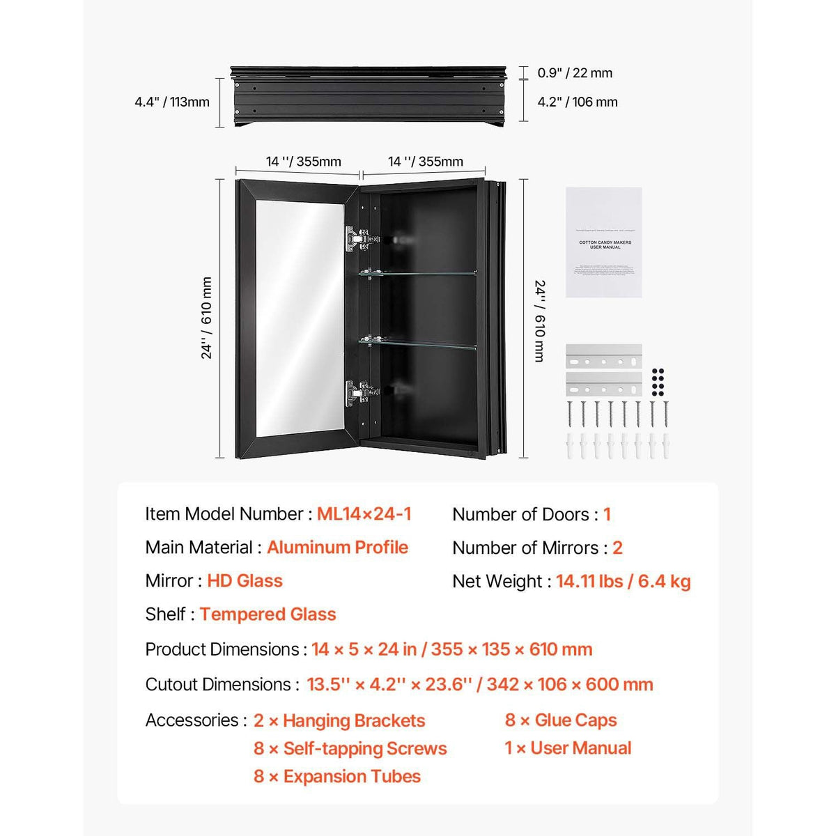 Medicine Cabinet, 14 x 24 inches, Medicine Cabinet for Bathroom with Mirror, Aluminum Frame Bathroom Wall Cabinet, 2-layer Adjustable Shelves, Recessed & Wall-mounted Installation