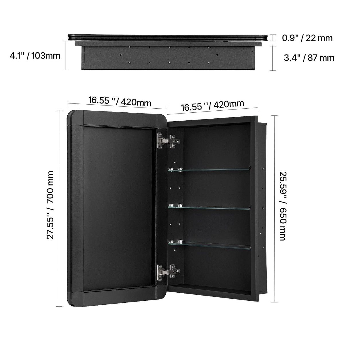 Medicine Cabinet, 16 x 24 inch, Medicine Cabinet for Bathroom with Mirror, Aluminum Frame Bathroom Wall Cabinet, 2-layer Adjustable Shelves, Recessed & Wall-mounted Installation