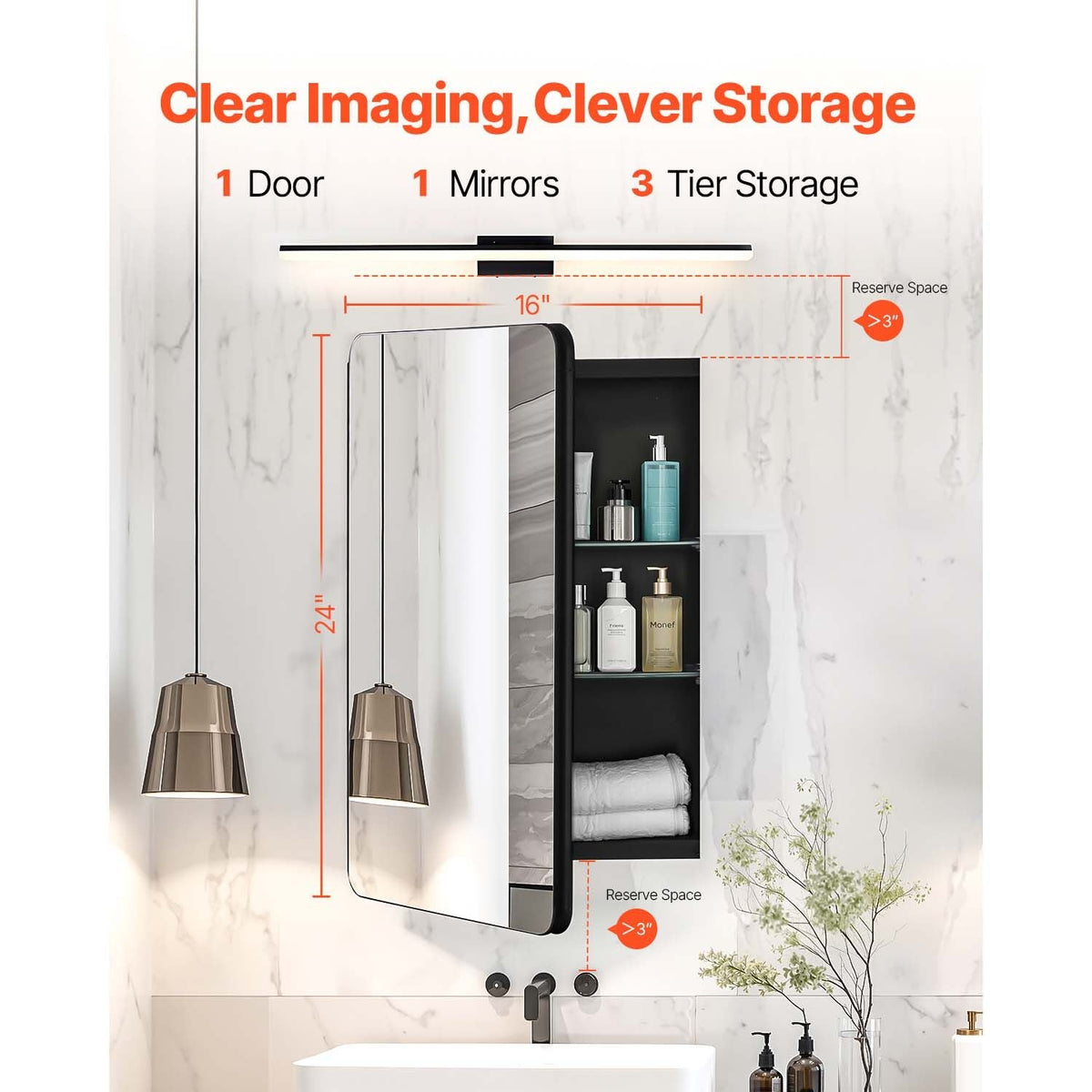 Medicine Cabinet, 16 x 24 inch, Medicine Cabinet for Bathroom with Mirror, Aluminum Frame Bathroom Wall Cabinet, 2-layer Adjustable Shelves, Recessed & Wall-mounted Installation