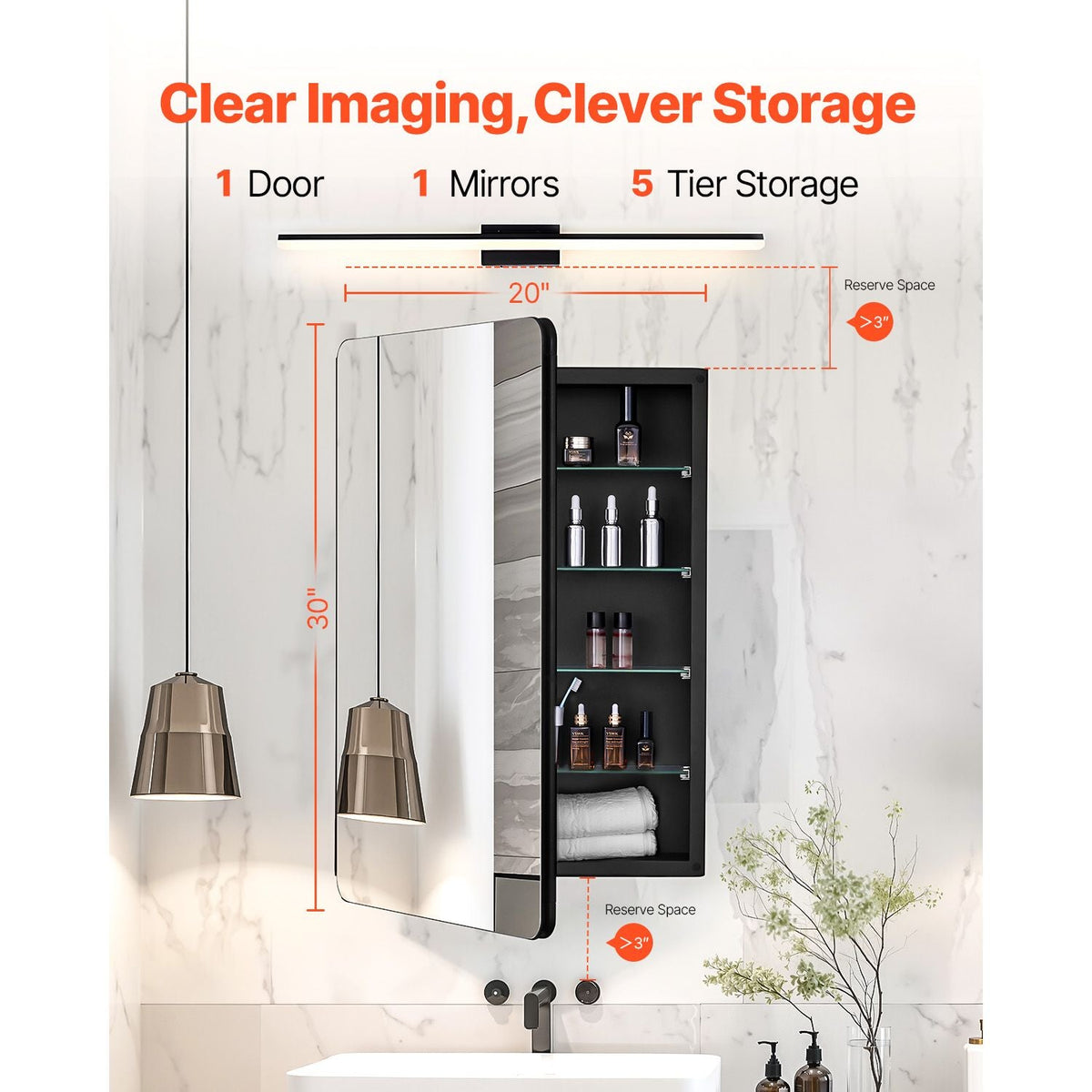 Medicine Cabinet, 20 x 30 inch, Medicine Cabinet for Bathroom with Mirror, Aluminum Frame Bathroom Wall Cabinet, 4-layer Adjustable Shelves, Recessed & Wall-mounted Installation
