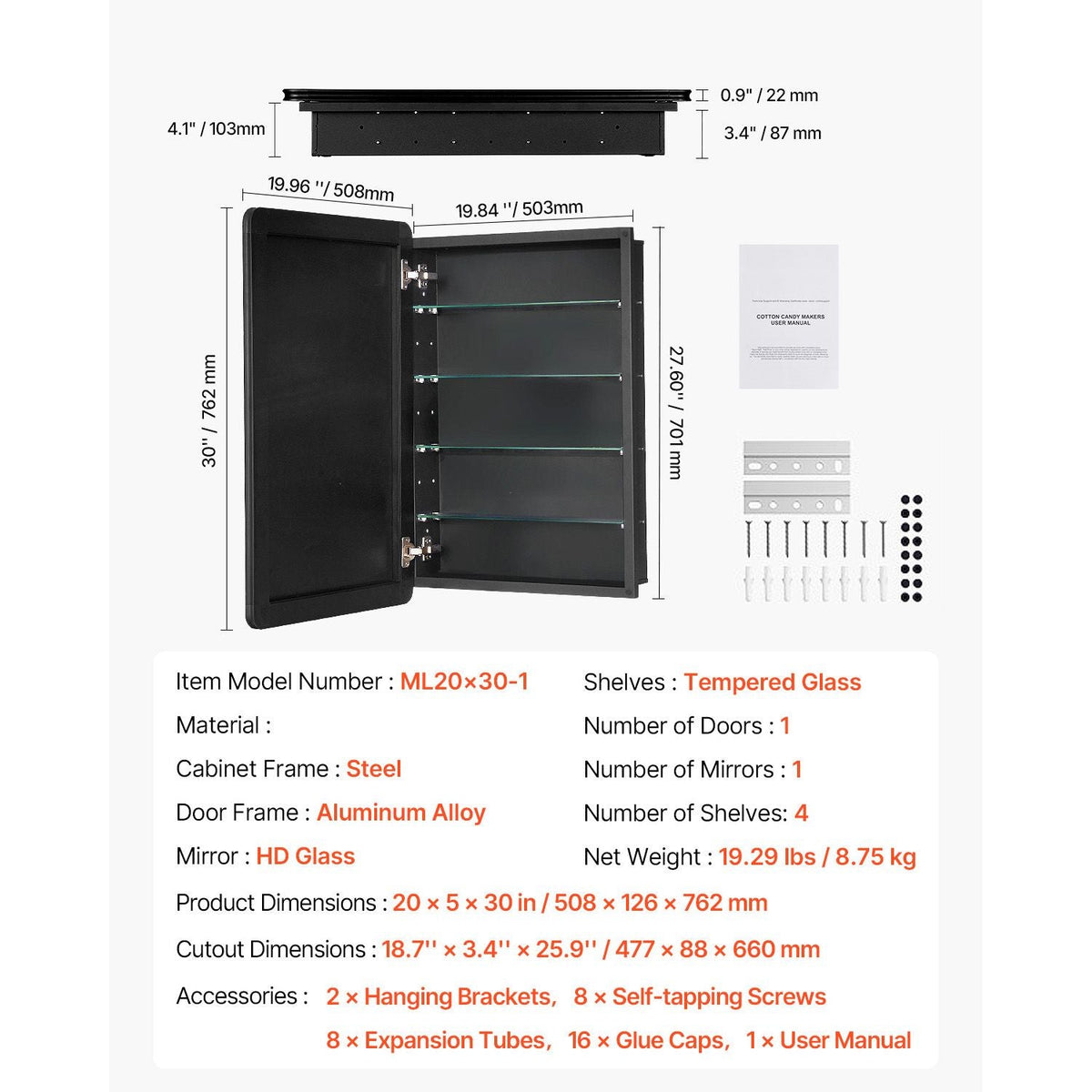 Medicine Cabinet, 20 x 30 inch, Medicine Cabinet for Bathroom with Mirror, Aluminum Frame Bathroom Wall Cabinet, 4-layer Adjustable Shelves, Recessed & Wall-mounted Installation