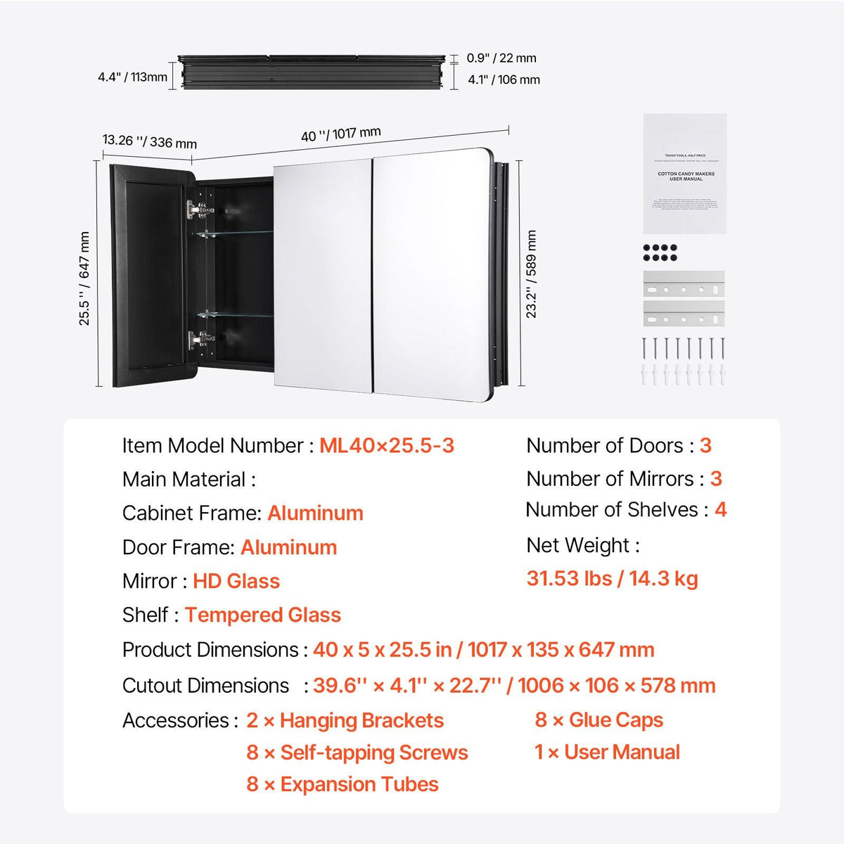 Medicine Cabinet, 25.5 x 40 inch, Medicine Cabinet for Bathroom with Mirror, Aluminum Frame Bathroom Wall Cabinet, 4-layer Adjustable Shelves, Recessed & Wall-mounted Installation