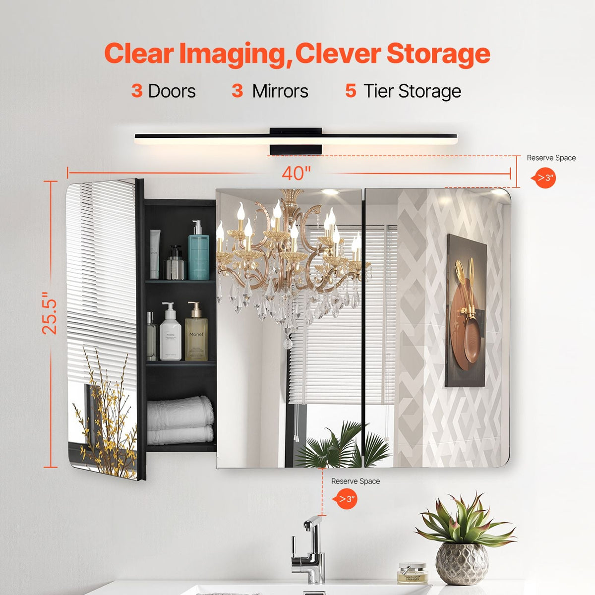 Medicine Cabinet, 25.5 x 40 inch, Medicine Cabinet for Bathroom with Mirror, Aluminum Frame Bathroom Wall Cabinet, 4-layer Adjustable Shelves, Recessed & Wall-mounted Installation