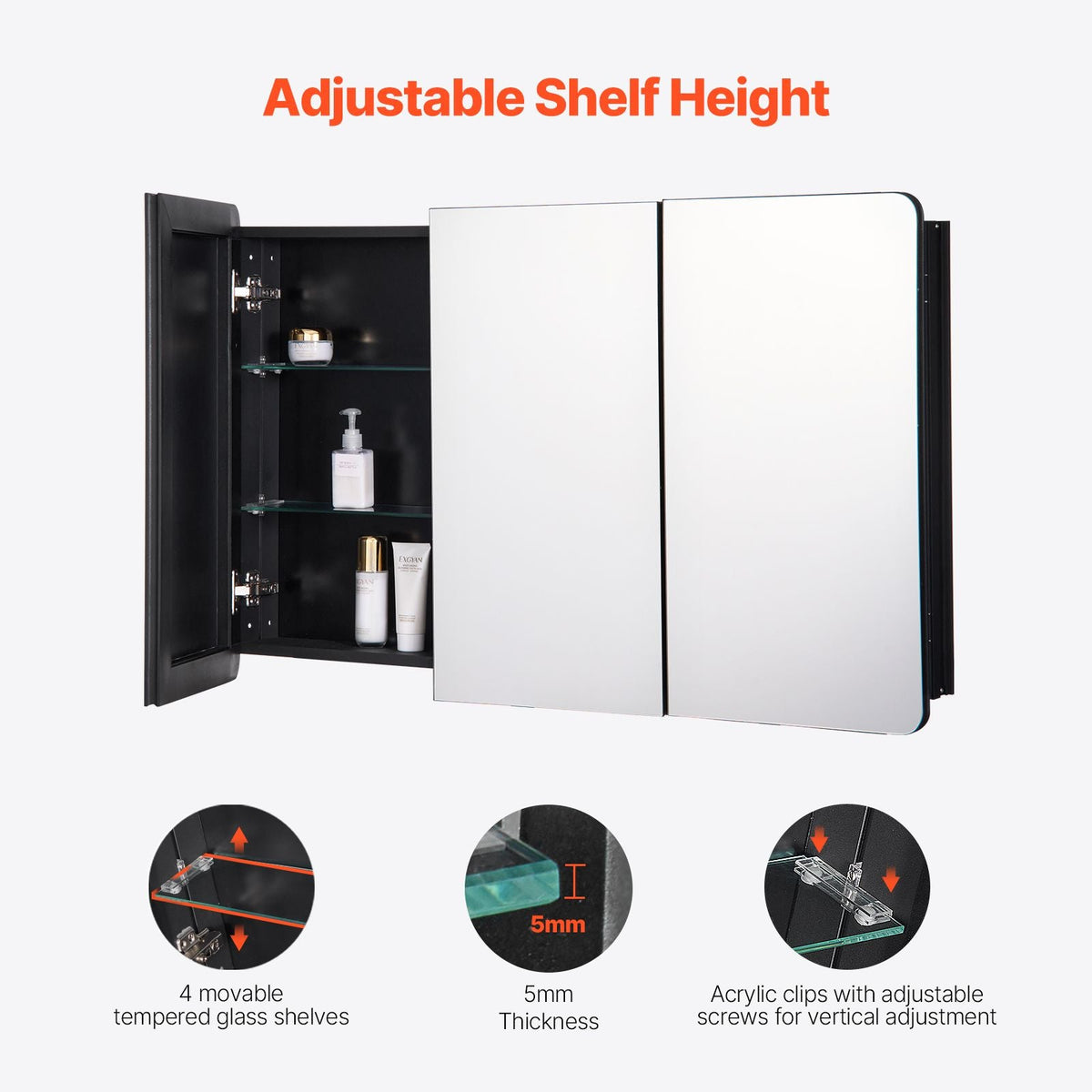 Medicine Cabinet, 25.5 x 40 inch, Medicine Cabinet for Bathroom with Mirror, Aluminum Frame Bathroom Wall Cabinet, 4-layer Adjustable Shelves, Recessed & Wall-mounted Installation