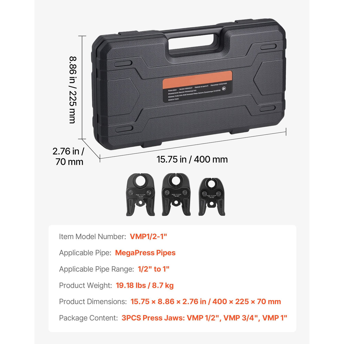 MegaPress Jaws, 3PCS Pressing Jaws 1/2", 3/4" & 1" for MegaPress Carbon Steel Pipes, Compatible with Standard Press Tools, Includes Carrying Case