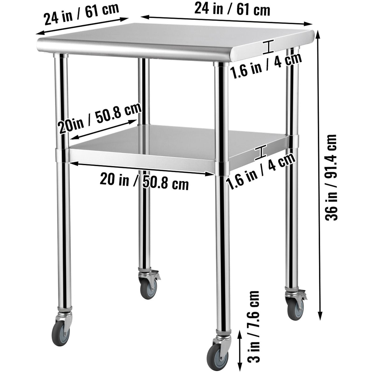 Mesa de preparación de acero inoxidable, 24 x 24 x 36 pulgadas, capacidad de carga de 600 libras, mesa de trabajo de metal resistente con estante inferior ajustable y ruedas universales, estació