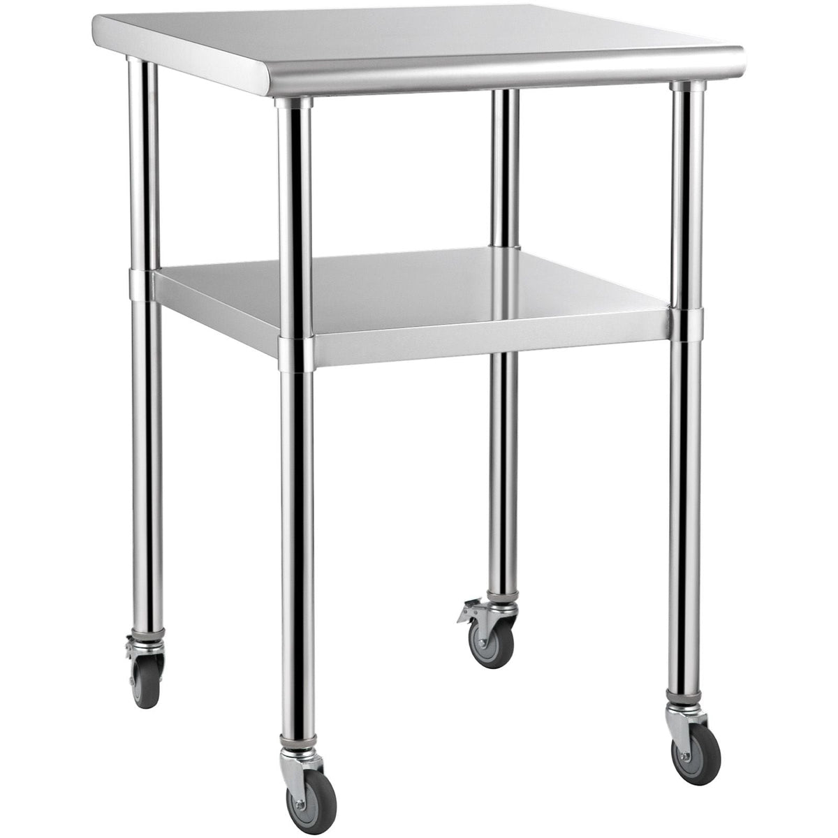 Mesa de preparación de acero inoxidable, 24 x 24 x 36 pulgadas, capacidad de carga de 600 libras, mesa de trabajo de metal resistente con estante inferior ajustable y ruedas universales, estació