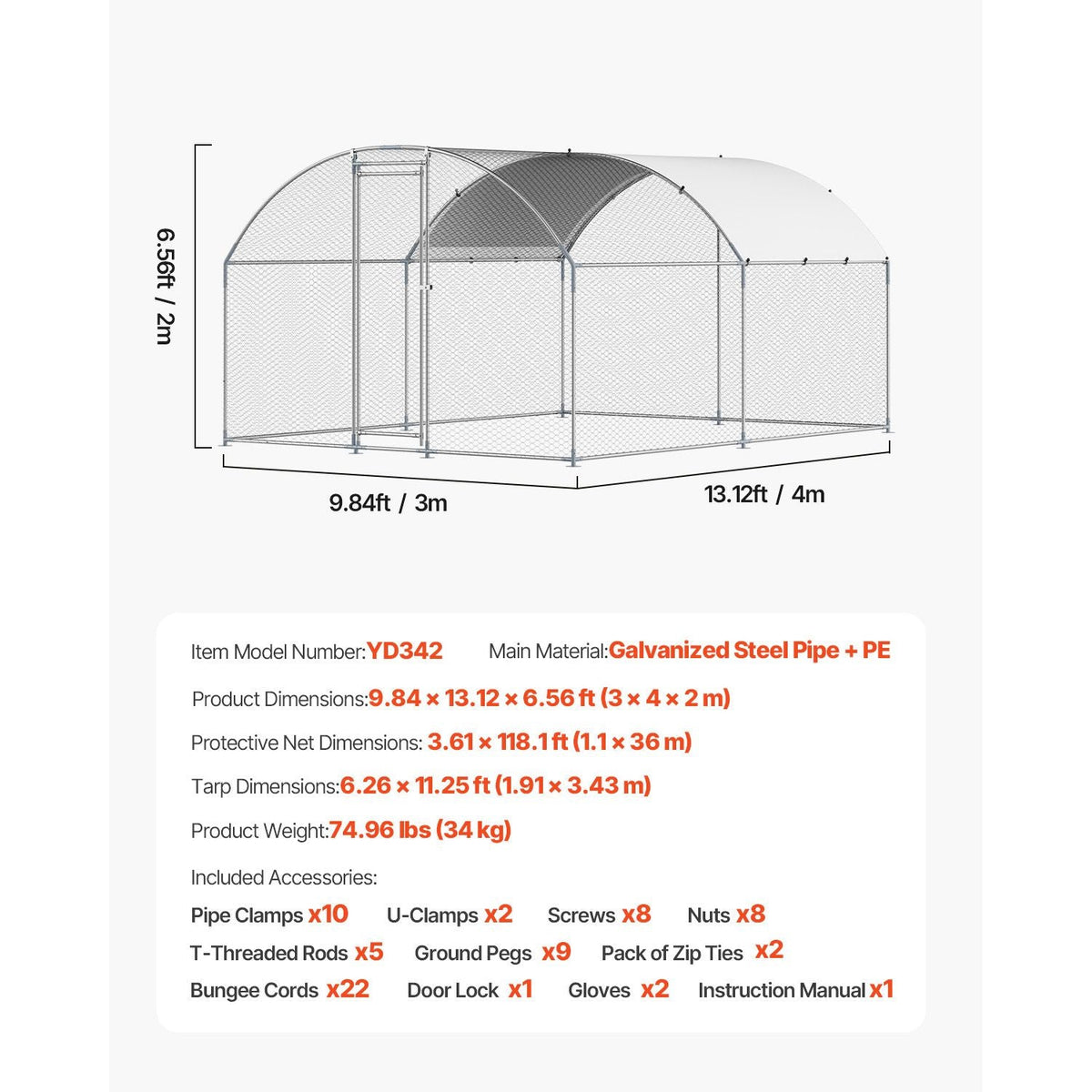 Metal Chicken Coop, 9.8x13.1x6.5 ft Large Walk-in Chicken Runs with Cover, Doom Roof Hen House Enclosure with Security Lock, Outdoor Duck Rabbit Cage Poultry Pen for Backyard, Farm, Yard