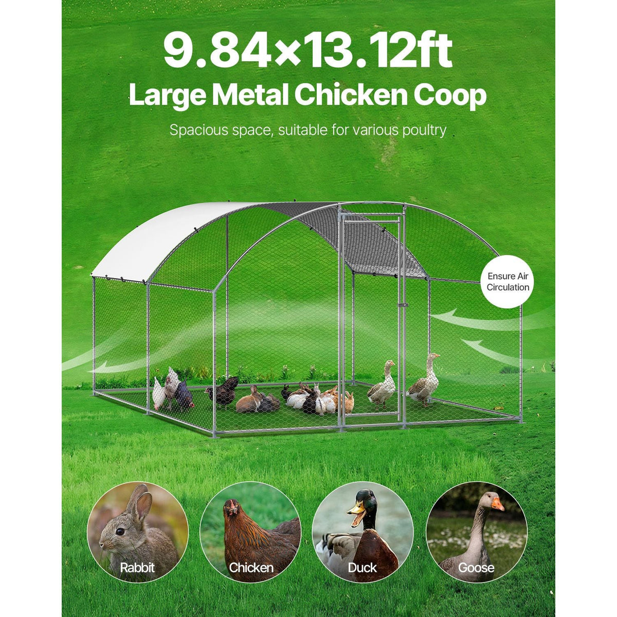 Metal Chicken Coop, 9.8x13.1x6.5 ft Large Walk-in Chicken Runs with Cover, Doom Roof Hen House Enclosure with Security Lock, Outdoor Duck Rabbit Cage Poultry Pen for Backyard, Farm, Yard