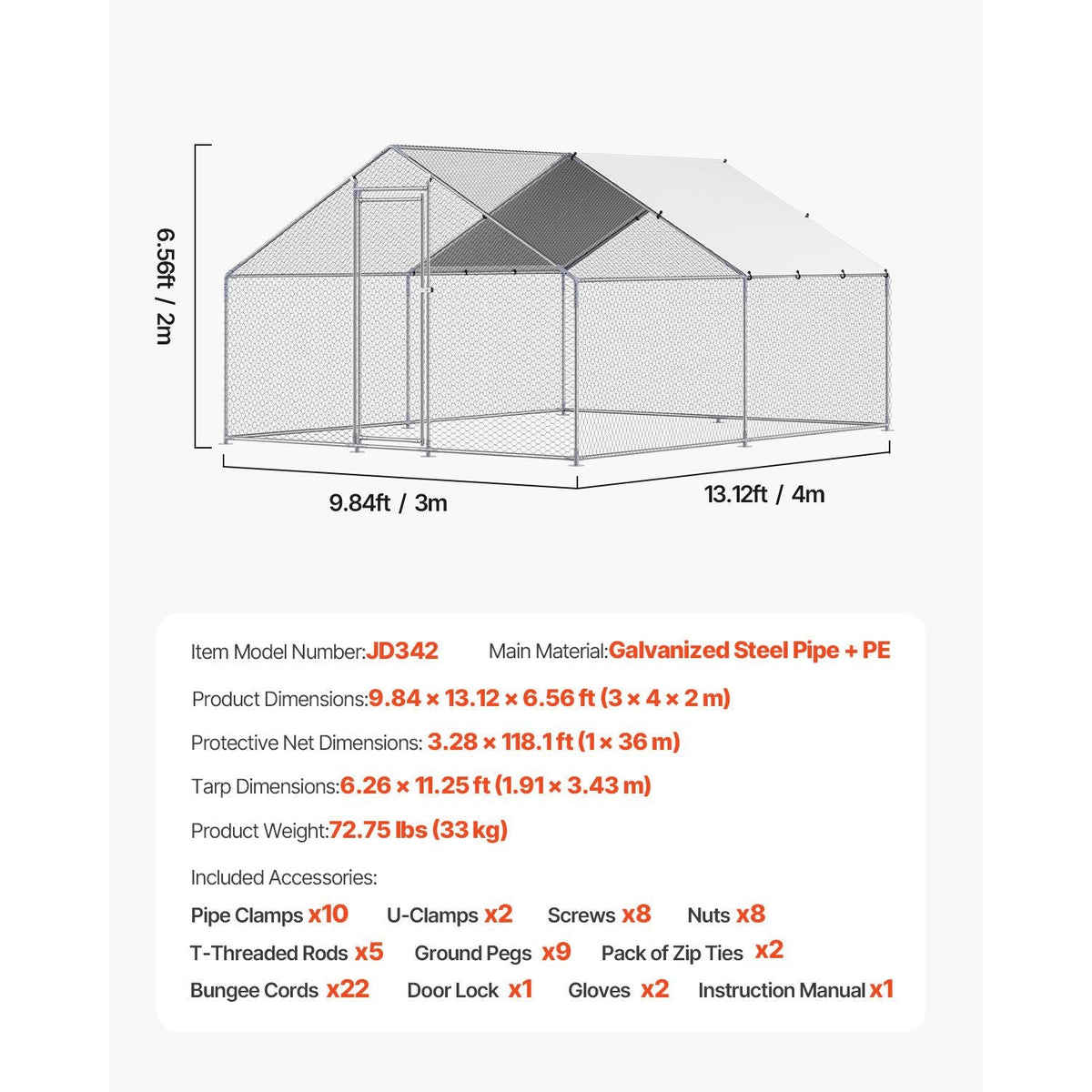 Metal Chicken Coop, 9.8x13.1x6.5 ft Large Walk-in Chicken Runs with Cover, Spire Roof Hen House Enclosure with Security Lock, Outdoor Duck Rabbit Cage Poultry Pen for Backyard, Farm, Yard