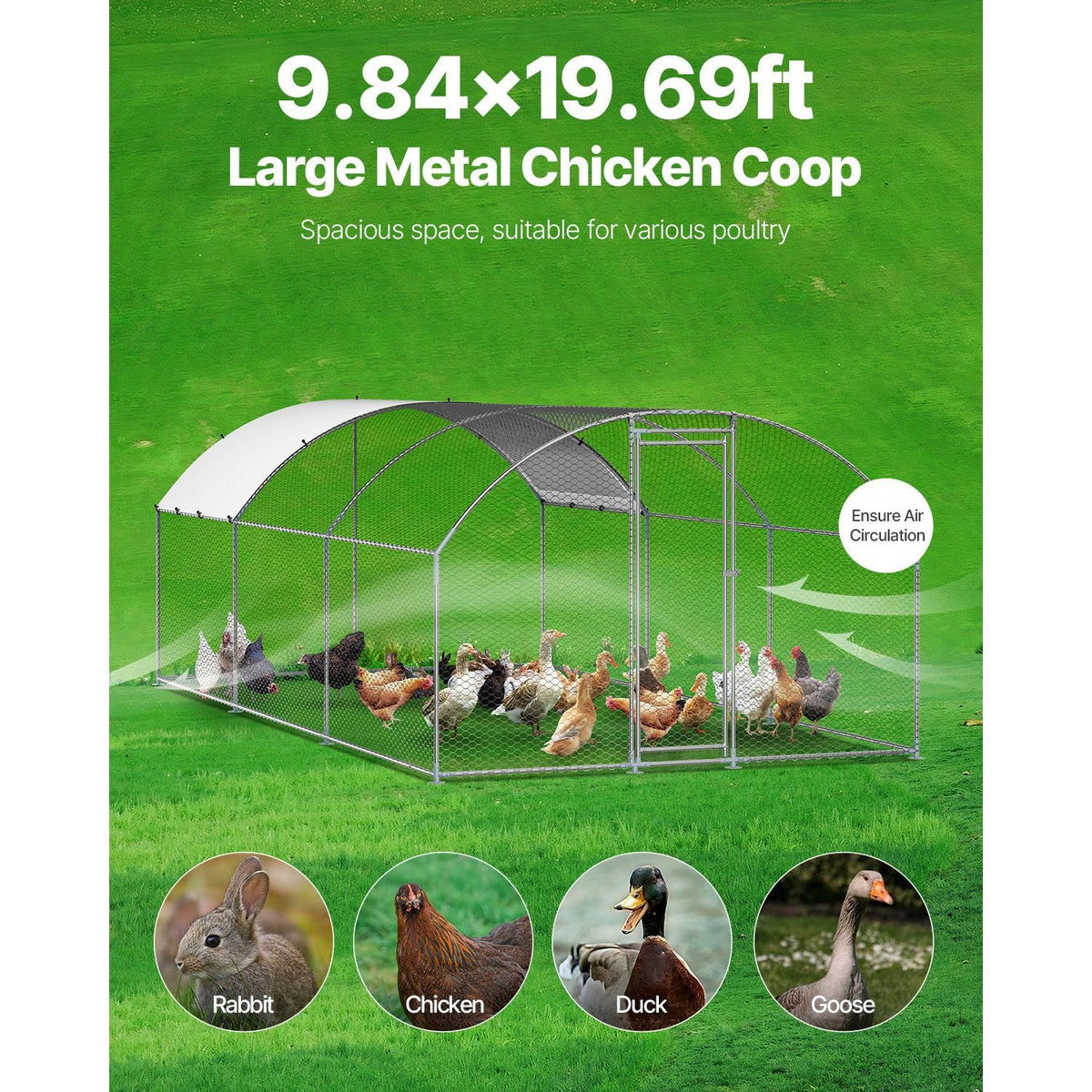 Metal Chicken Coop, 9.8x19.3x6.5 ft Large Walk-in Chicken Runs with Cover, Doom Roof Hen House Enclosure with Security Lock, Outdoor Duck Rabbit Cage Poultry Pen for Backyard, Farm, Yard