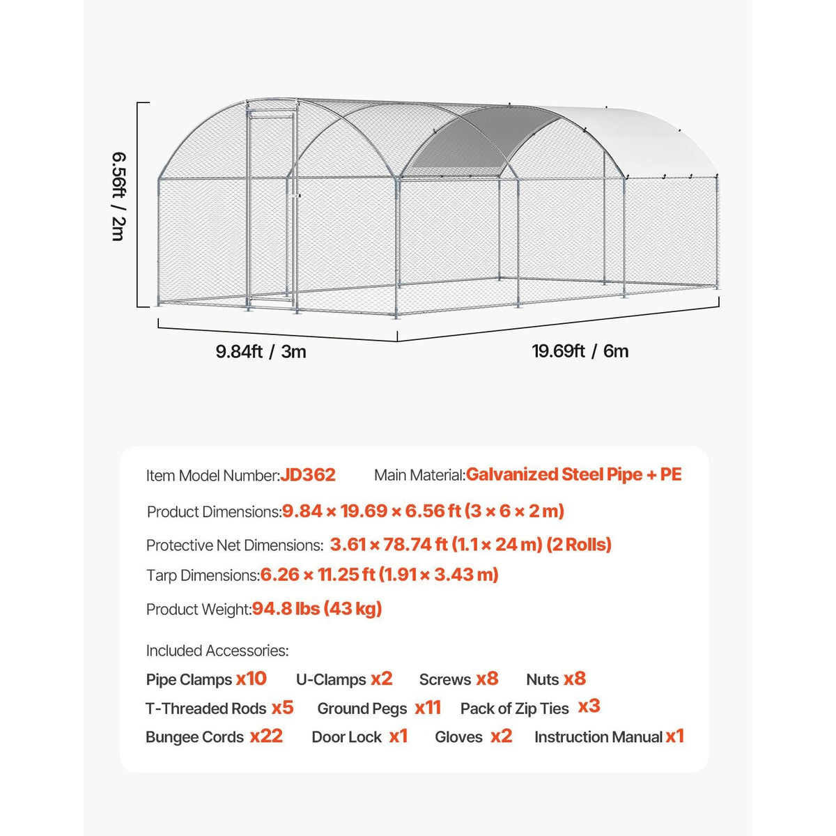Metal Chicken Coop, 9.8x19.3x6.5 ft Large Walk-in Chicken Runs with Cover, Doom Roof Hen House Enclosure with Security Lock, Outdoor Duck Rabbit Cage Poultry Pen for Backyard, Farm, Yard