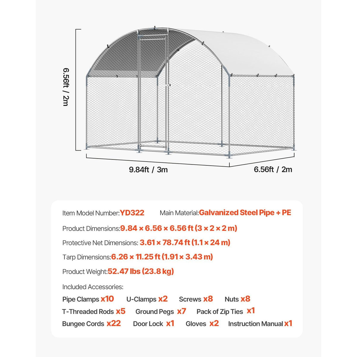 Metal Chicken Coop, 9.8x6.5x6.5ft Large Walk-in Chicken Runs with Cover, Doom Roof Hen House Enclosure with Security Lock, Outdoor Duck Rabbit Cage Poultry Pen for Backyard, Farm, Yard