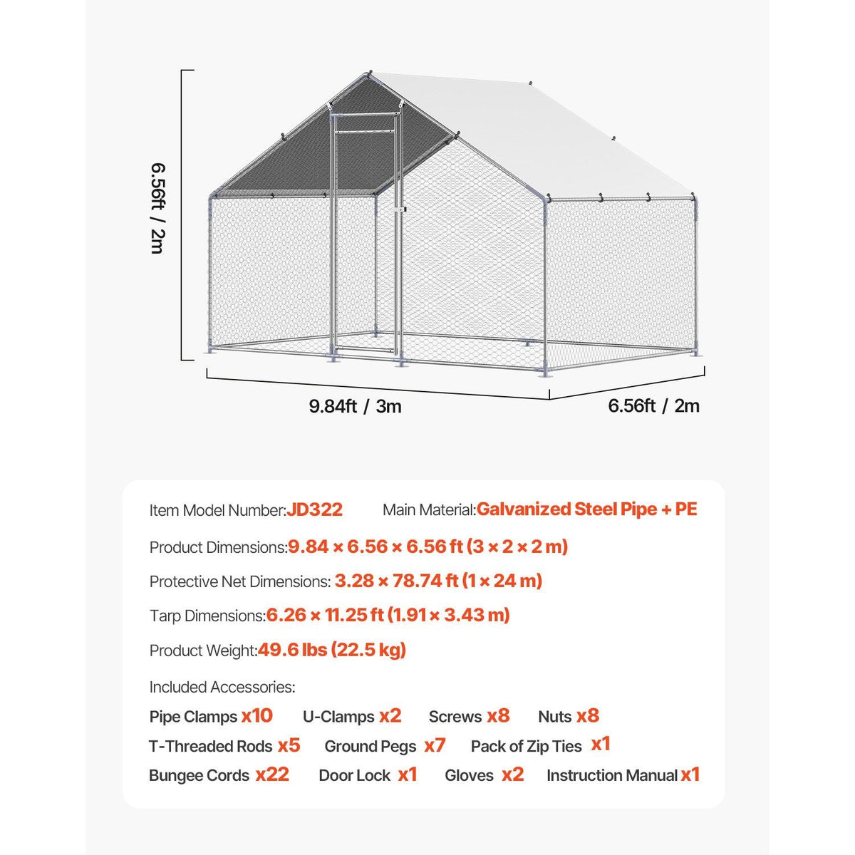 Metal Chicken Coop, 9.8x6.5x6.5ft Large Walk-in Chicken Runs with Cover, Spire Roof Hen House Enclosure with Security Lock, Outdoor Duck Rabbit Cage Poultry Pen for Backyard, Farm, Yard