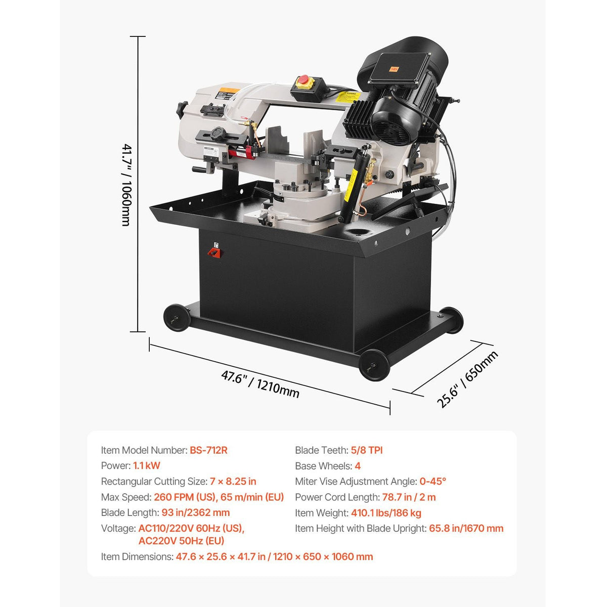 Metal Horizontal Band Saw, 7 x 8.25 in Rectangular Cutting Capacity, 110/220V Vertical Cutting Bandsaw with 1.1 kW Motor, 0-45° Angle Adjustment, Variable Speed, for Metal, Wood, and Plastic