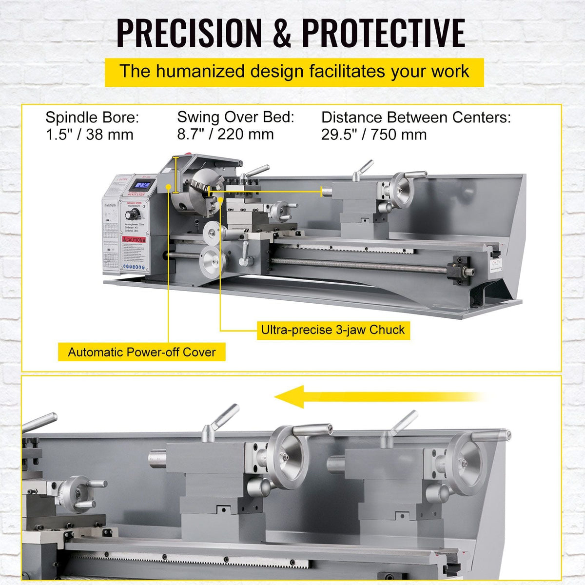 Metal Lathe 8.7 x 29.5 Inch/220 x 750MM Mini Metal Lathe 1.1KW Infinitely Variable Speed Mini Lathe Machine LED Screen for Counter Face Turning Driling