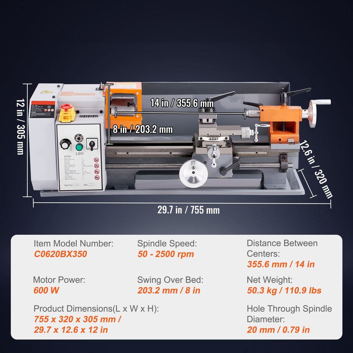 Metal Lathe Machine, 7.87'' x 13.78'', Precision Benchtop Power Metal Lathe,, 50-2500 RPM Continuously Variable Speed, 600W Brush Motor Metal Gears, with Tool Box for Processing Precision Parts