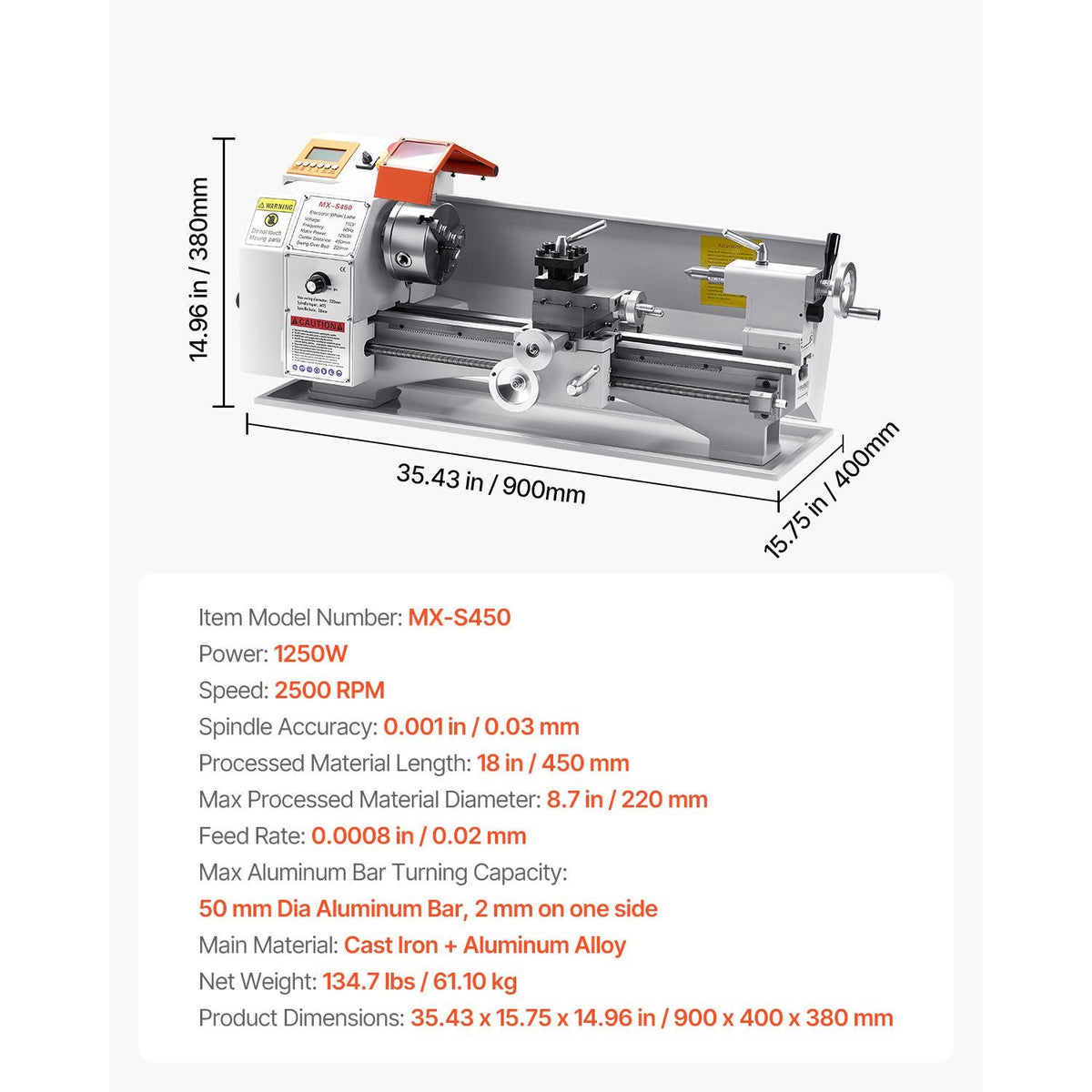 Metal Lathe Machine, 8.7 x 18 in, Precision Bench Power Metal Lathe, Automatic Feed, 0-2500 RPM Variable Speed, 1250W Brushless Motor, for Processing Precision Parts Soft Metals Wood Plastics