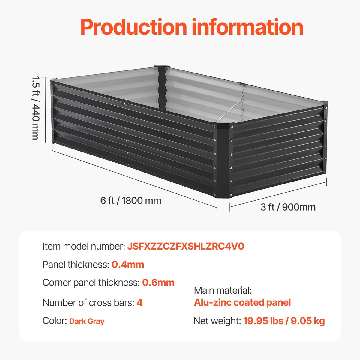 Metal Raised Garden Bed, 6 x 3 x 1.5 ft Outdoor Galvanized Planter Box, with Open Bottom, Large Planter Raised Bed for Gardening Vegetables, Flowers, Herbs, and Succulent Plants, Dark Gray