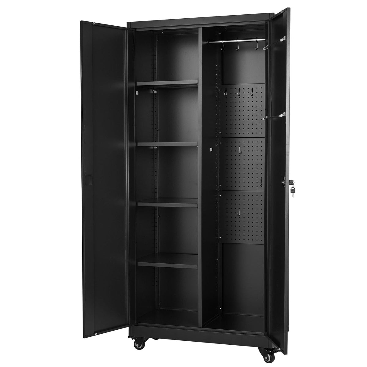 Metal Storage Cabinet, 70.6 in Rolling Steel Garage Cabinet with Adjustable Shelves, 2 Magnetic Doors, Hanging Rod & 3 Rod Hooks, 5 Tiers Lockable Tool Storage for Pantry, Warehouse, Basement