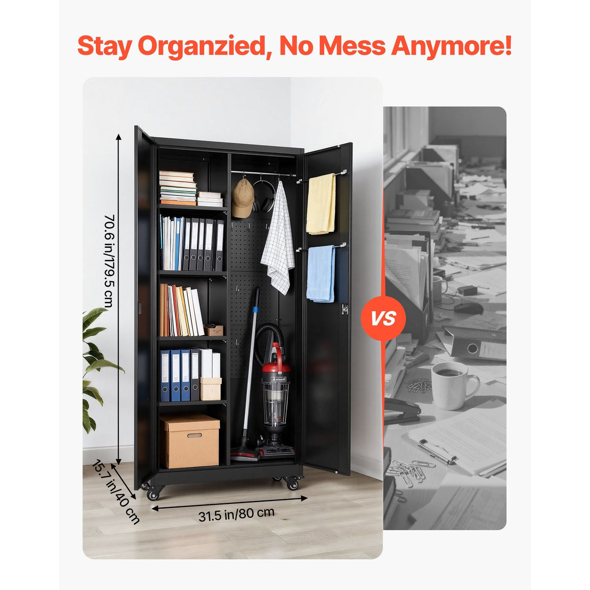 Metal Storage Cabinet, 70.6 in Rolling Steel Garage Cabinet with Adjustable Shelves, 2 Magnetic Doors, Hanging Rod & 3 Rod Hooks, 5 Tiers Lockable Tool Storage for Pantry, Warehouse, Basement
