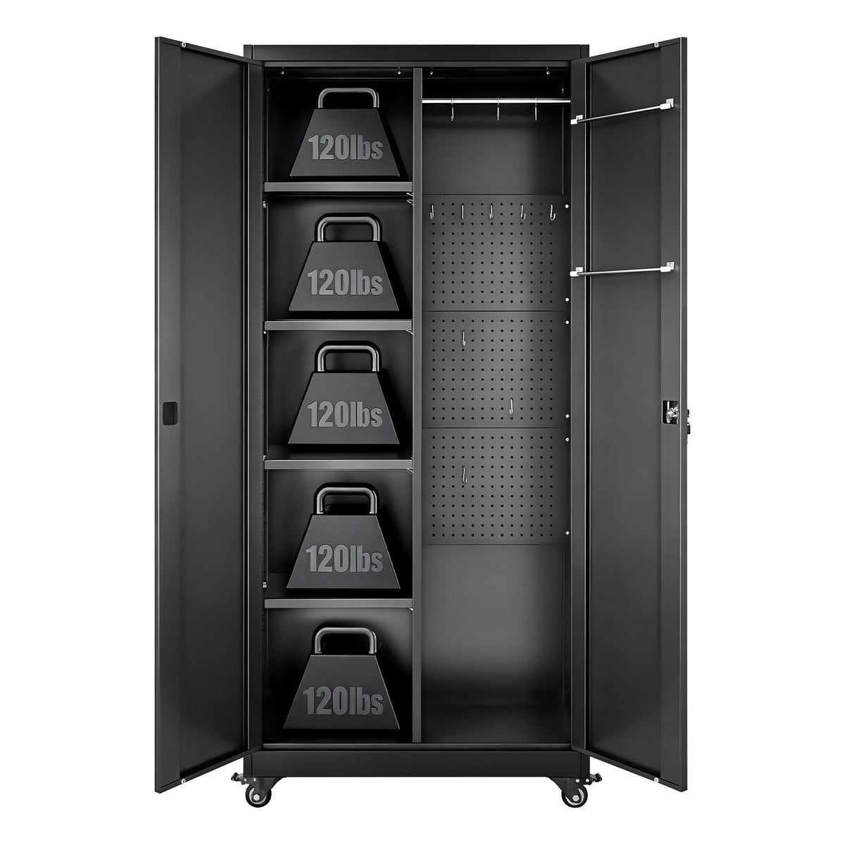 Metal Storage Cabinet, 70.6 in Rolling Steel Garage Cabinet with Adjustable Shelves, 2 Magnetic Doors, Hanging Rod & 3 Rod Hooks, 5 Tiers Lockable Tool Storage for Pantry, Warehouse, Basement